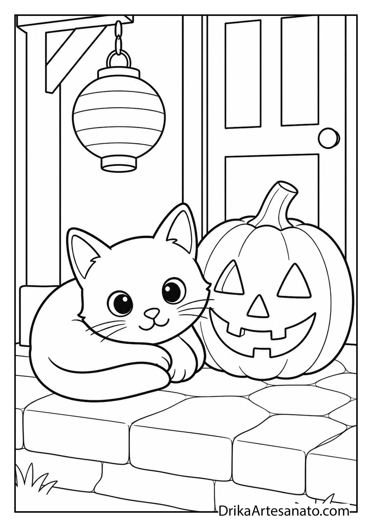 Sweet cartoon cat resting beside a carved pumpkin on a porch line art coloring sheet