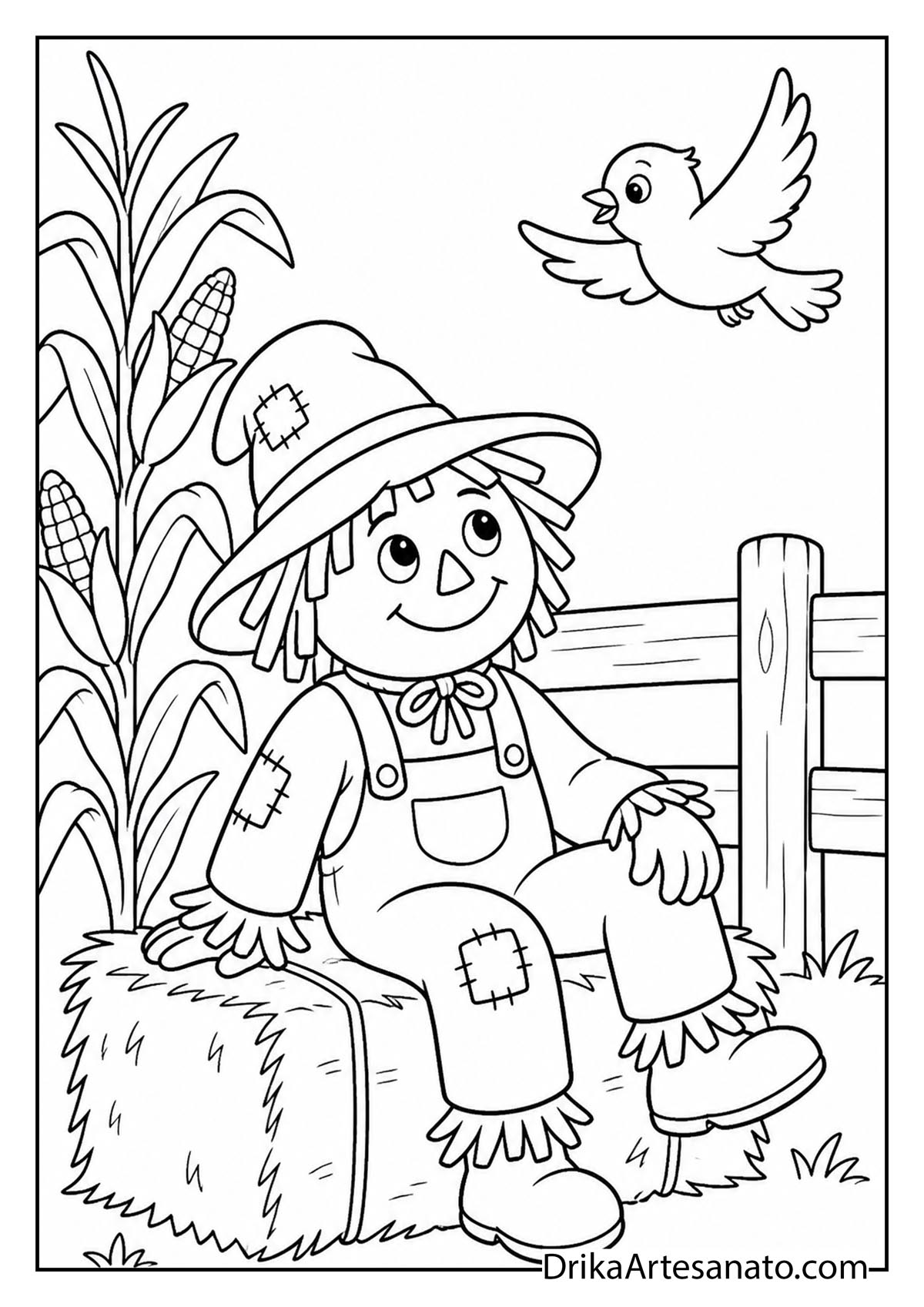 Cute scarecrow sitting on a hay bale with a flying bird coloring printable