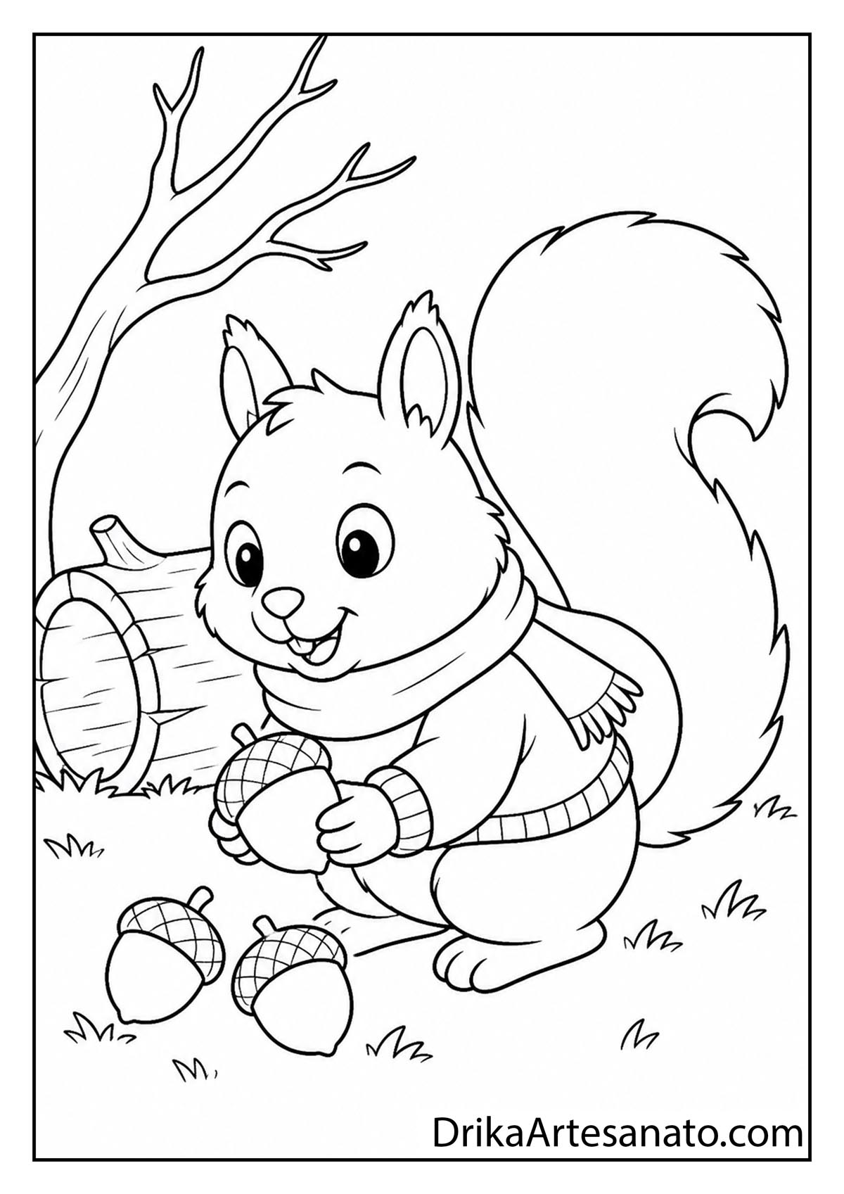 Cartoon squirrel in a warm sweater and scarf holding an acorn outdoors line art coloring page