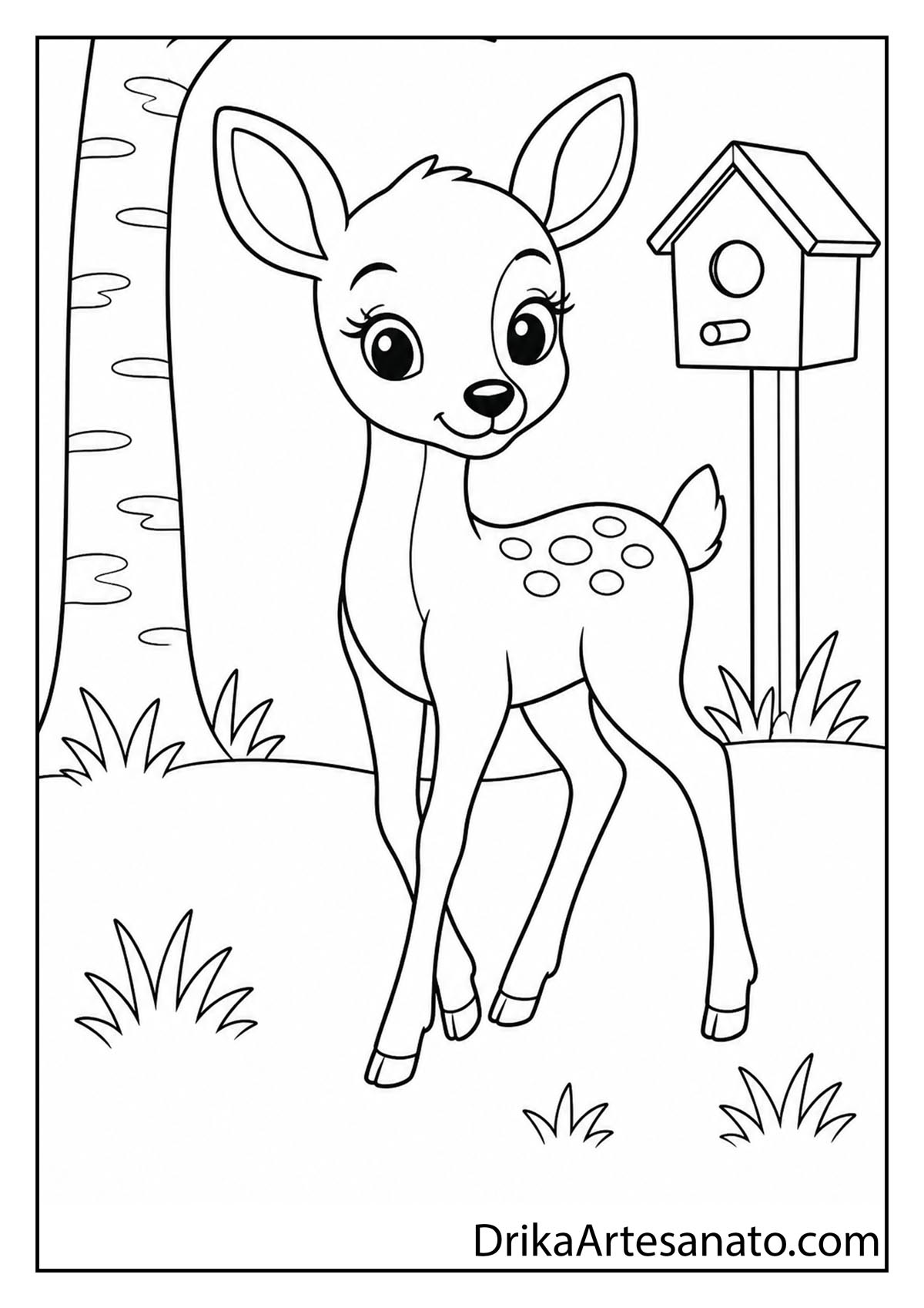 Cute baby deer standing by a birch tree and birdhouse line art coloring sheet