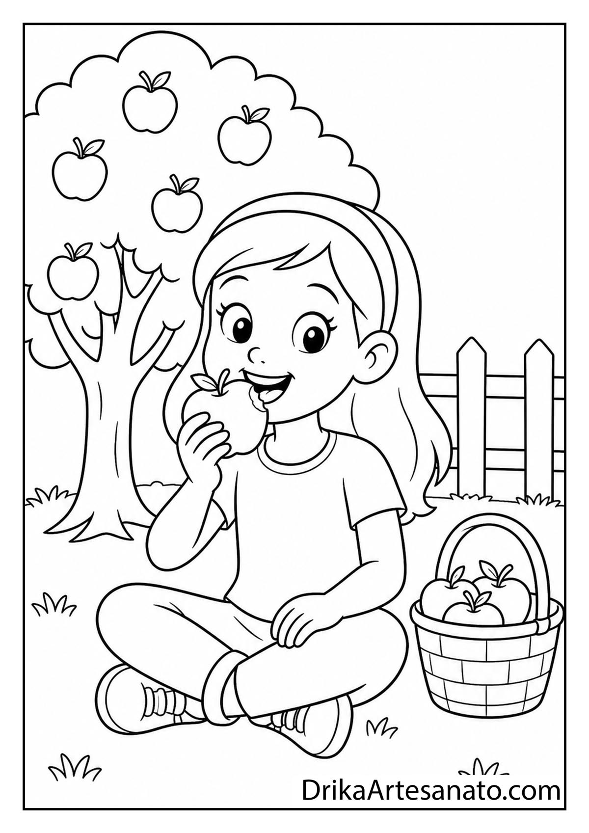 Cute cartoon girl sitting on grass eating a fresh apple near a harvest basket coloring sheet