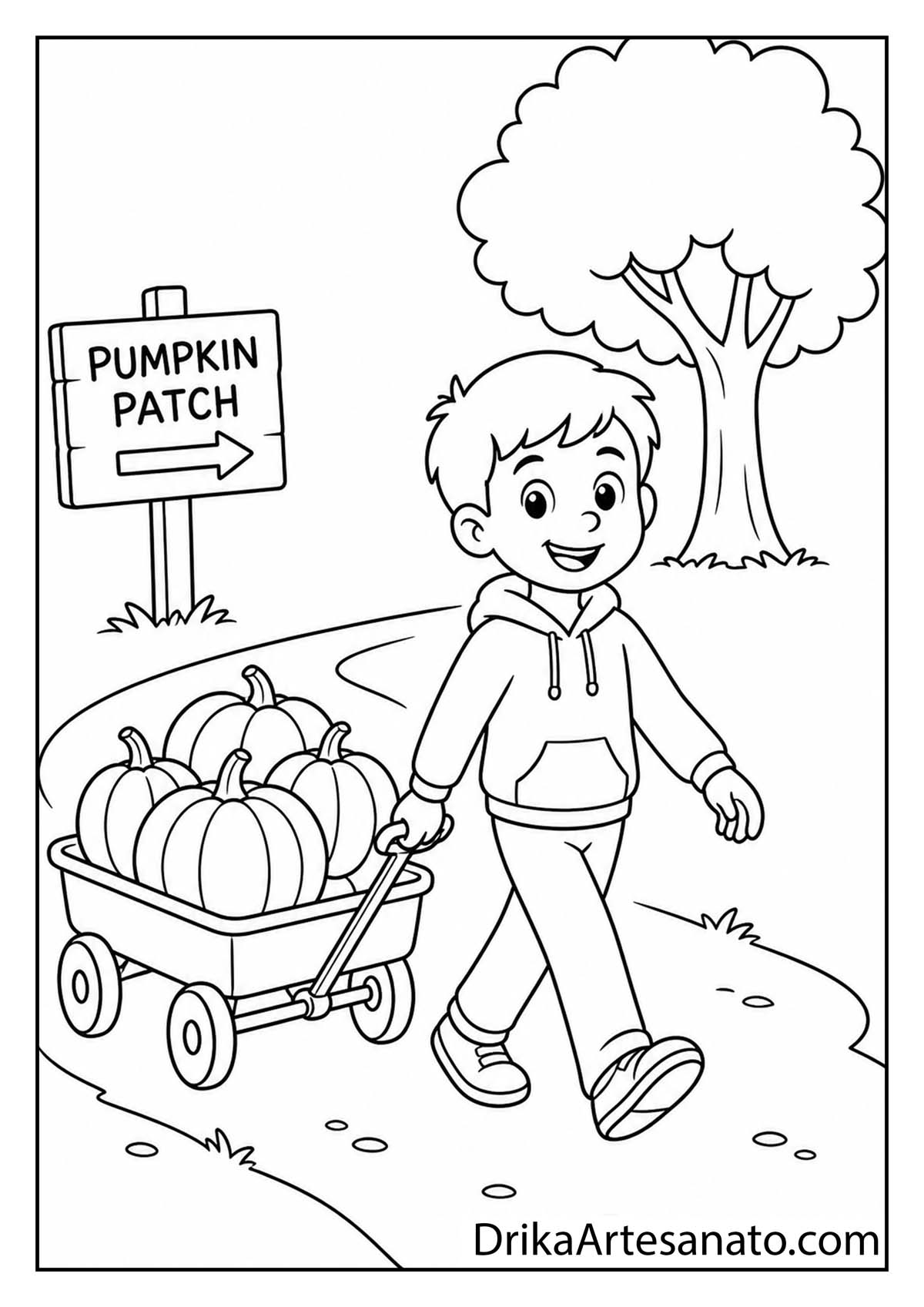 Smiling boy pulling a wagon full of pumpkins along a path coloring sheet for kids