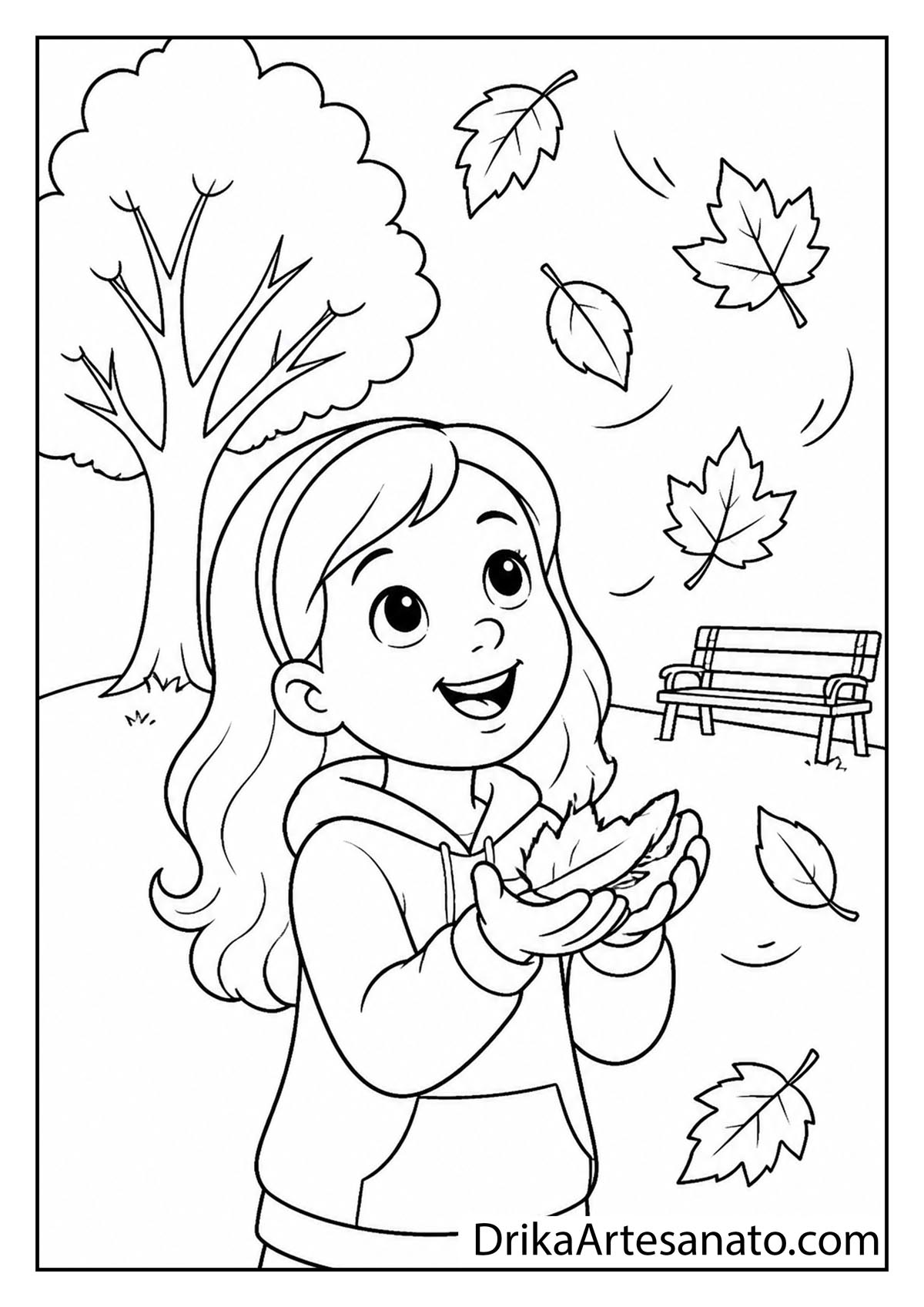 Girl catching swirling autumn leaves in the park printable coloring page for kids