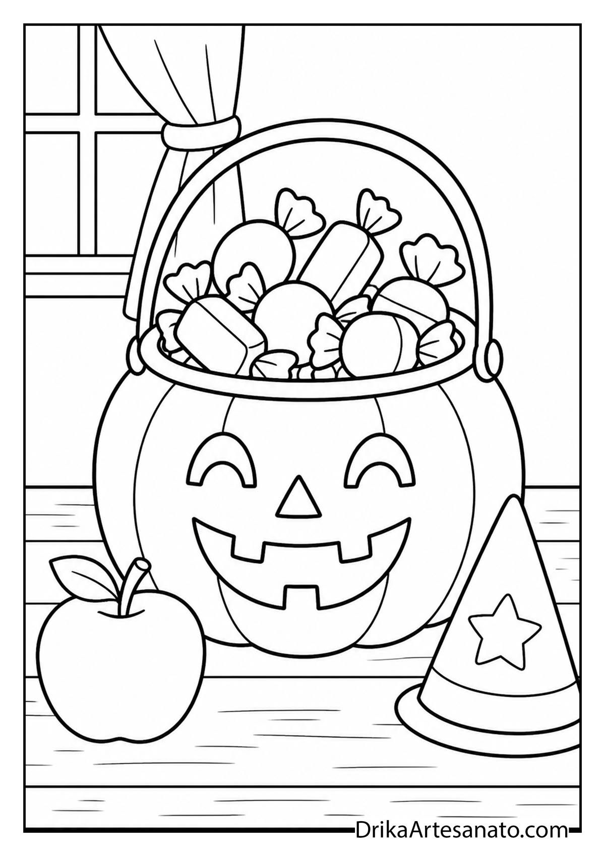 Pumpkin treat bucket full of candy beside an apple and party hat coloring page for kids