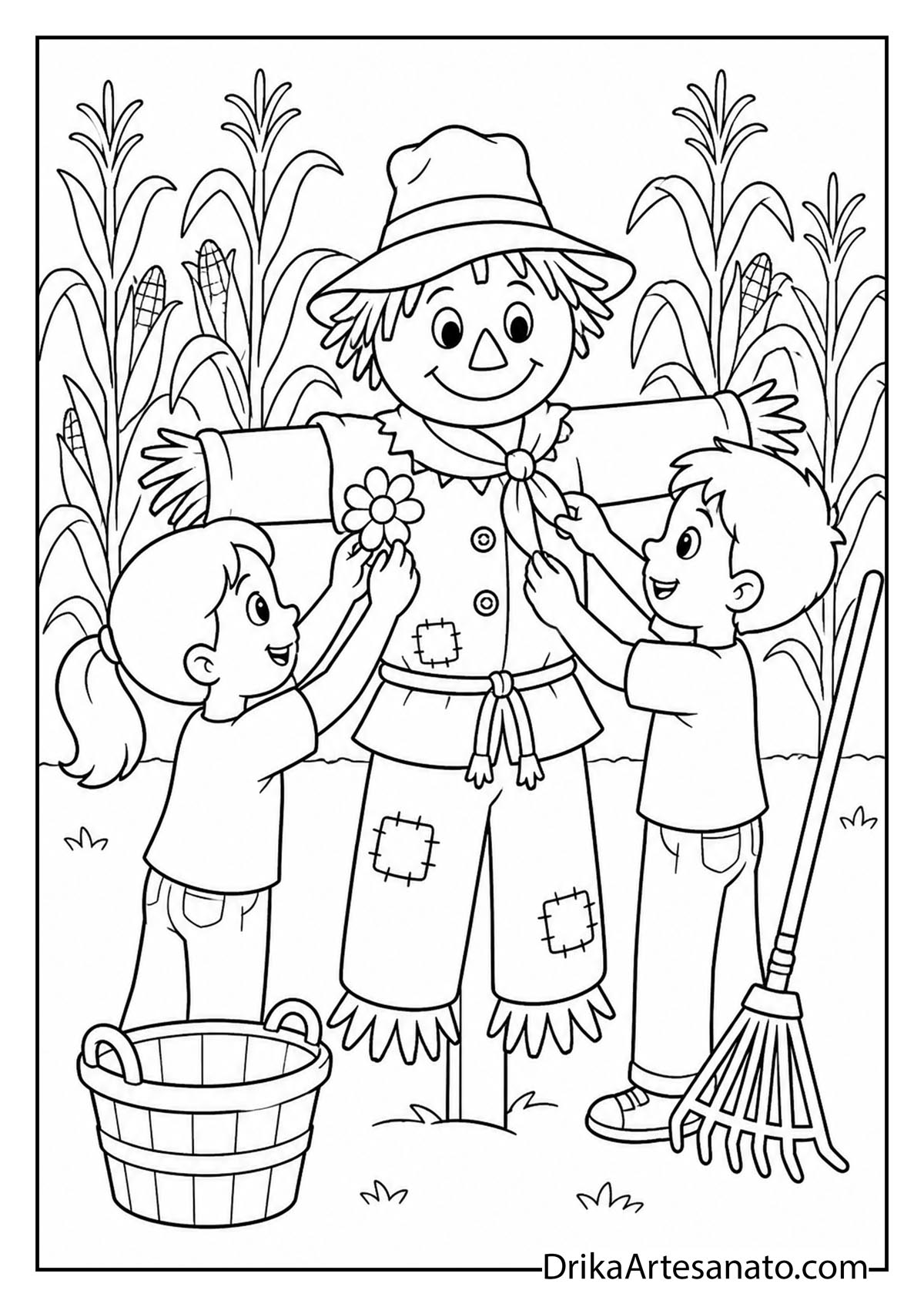Children decorating a scarecrow in a cornfield black and white coloring page
