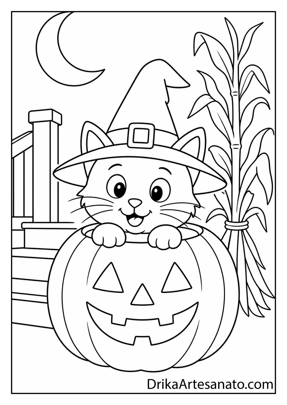 Cute kitten wearing a witch hat peeking out of a jack-o-lantern coloring page