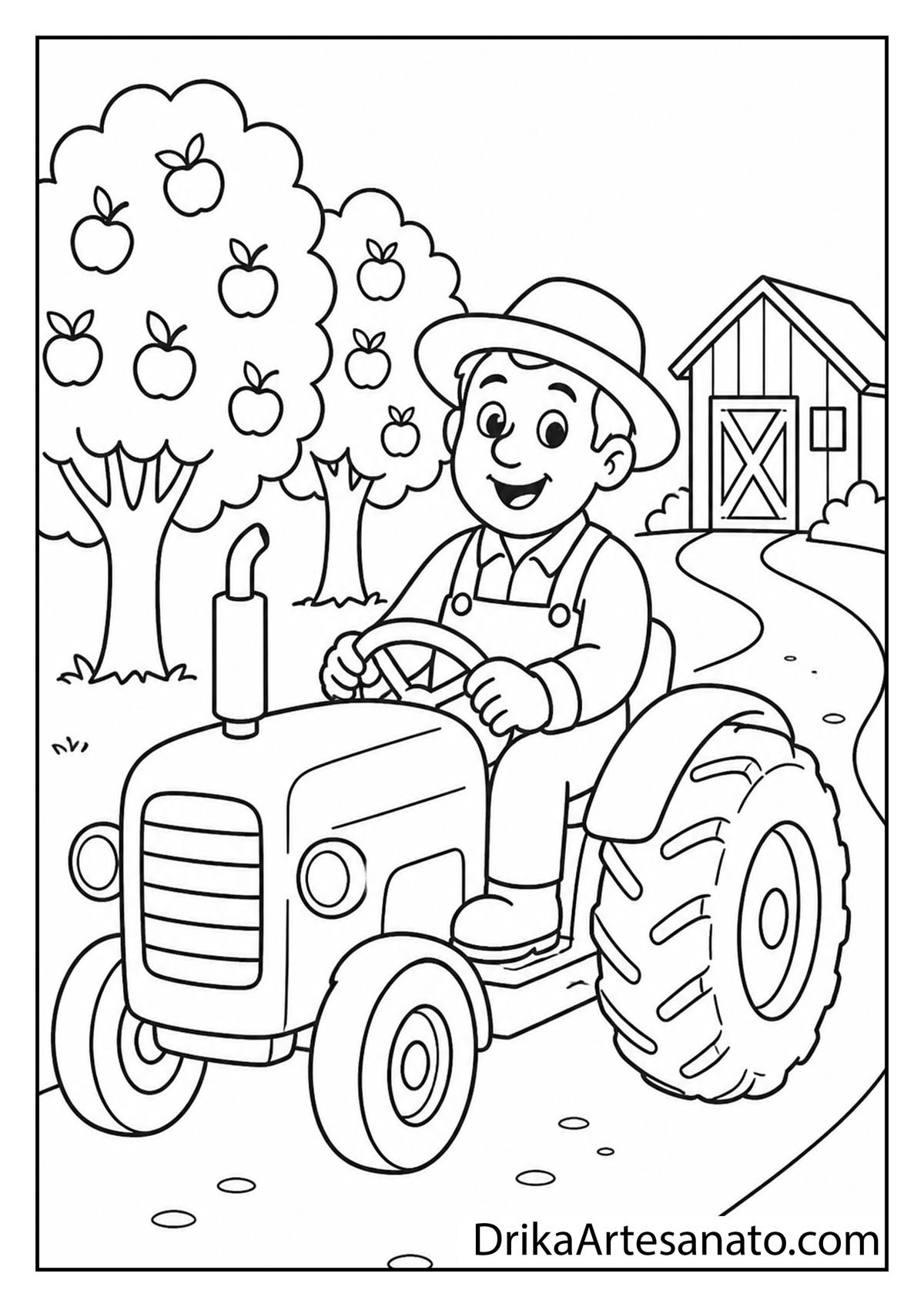 Smiling farmer driving a tractor through an apple orchard with a barn coloring page