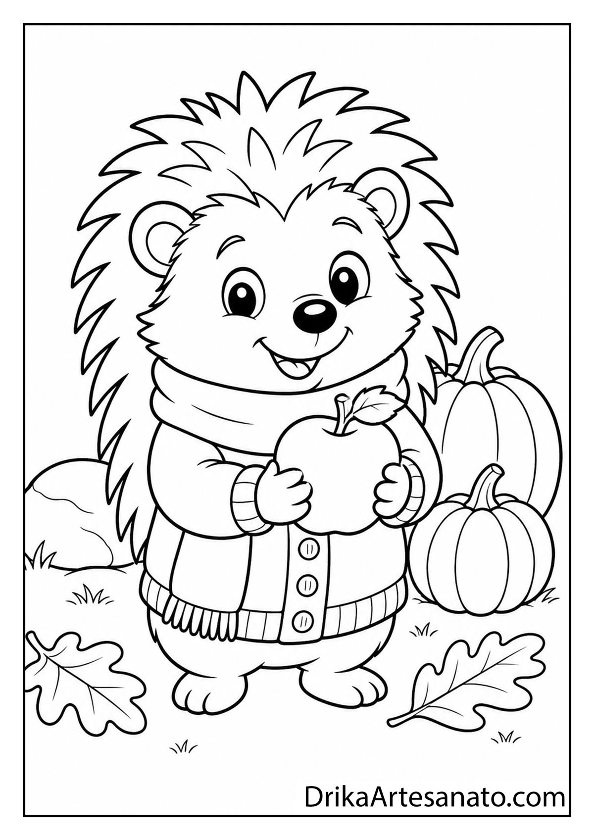 Cute cartoon hedgehog wearing a winter sweater and scarf holding an apple with pumpkins coloring sheet