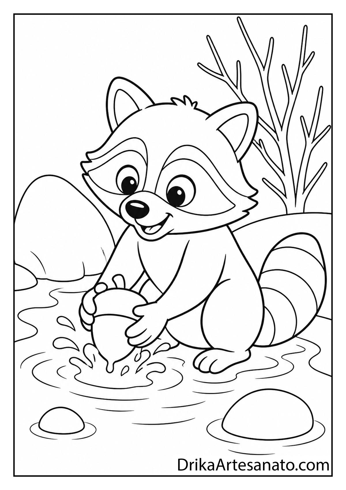 Playful raccoon washing an acorn in a forest stream printable coloring page