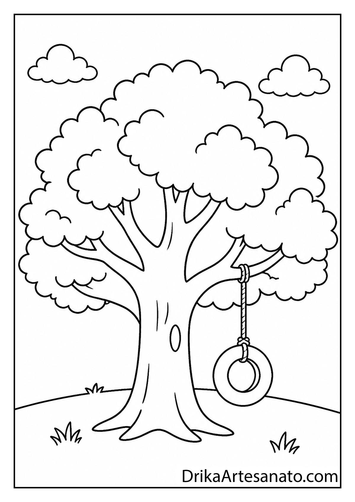 Wide oak tree with a tire swing hanging from a branch simple fall coloring sheet