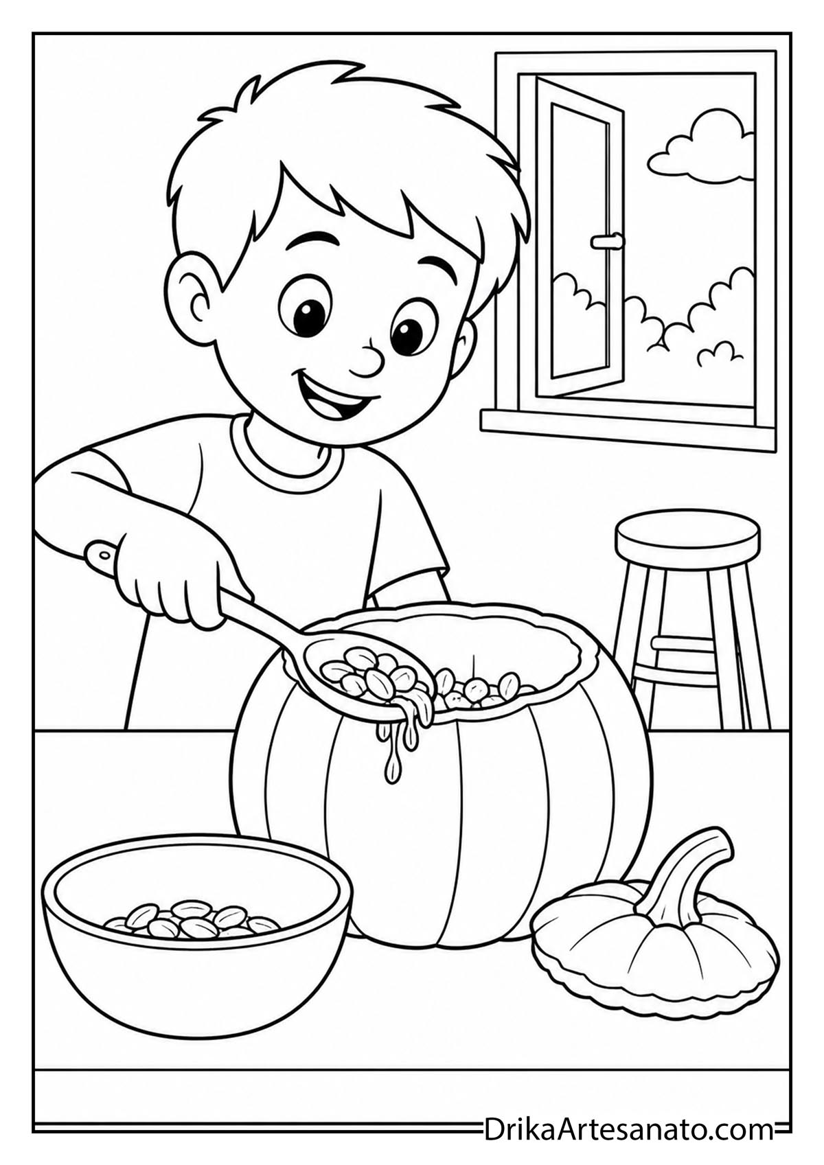 Boy scooping pumpkin seeds with a wooden spoon into a bowl printable coloring page