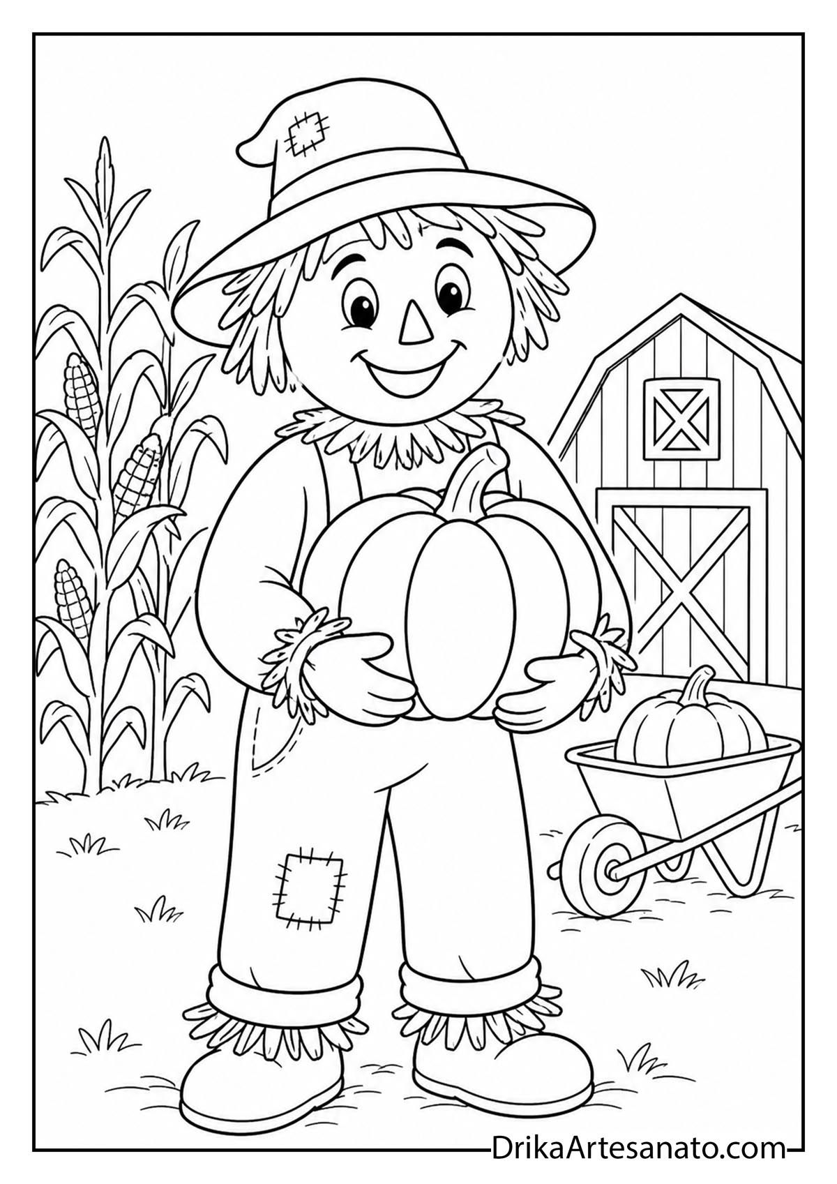 Smiling scarecrow holding a big pumpkin in front of a barn coloring page