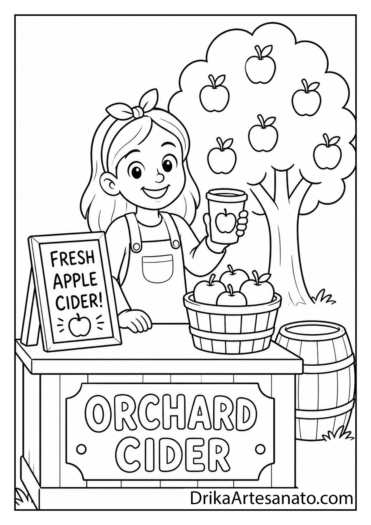 Young girl serving fresh apple cider at an orchard cider stand coloring printable