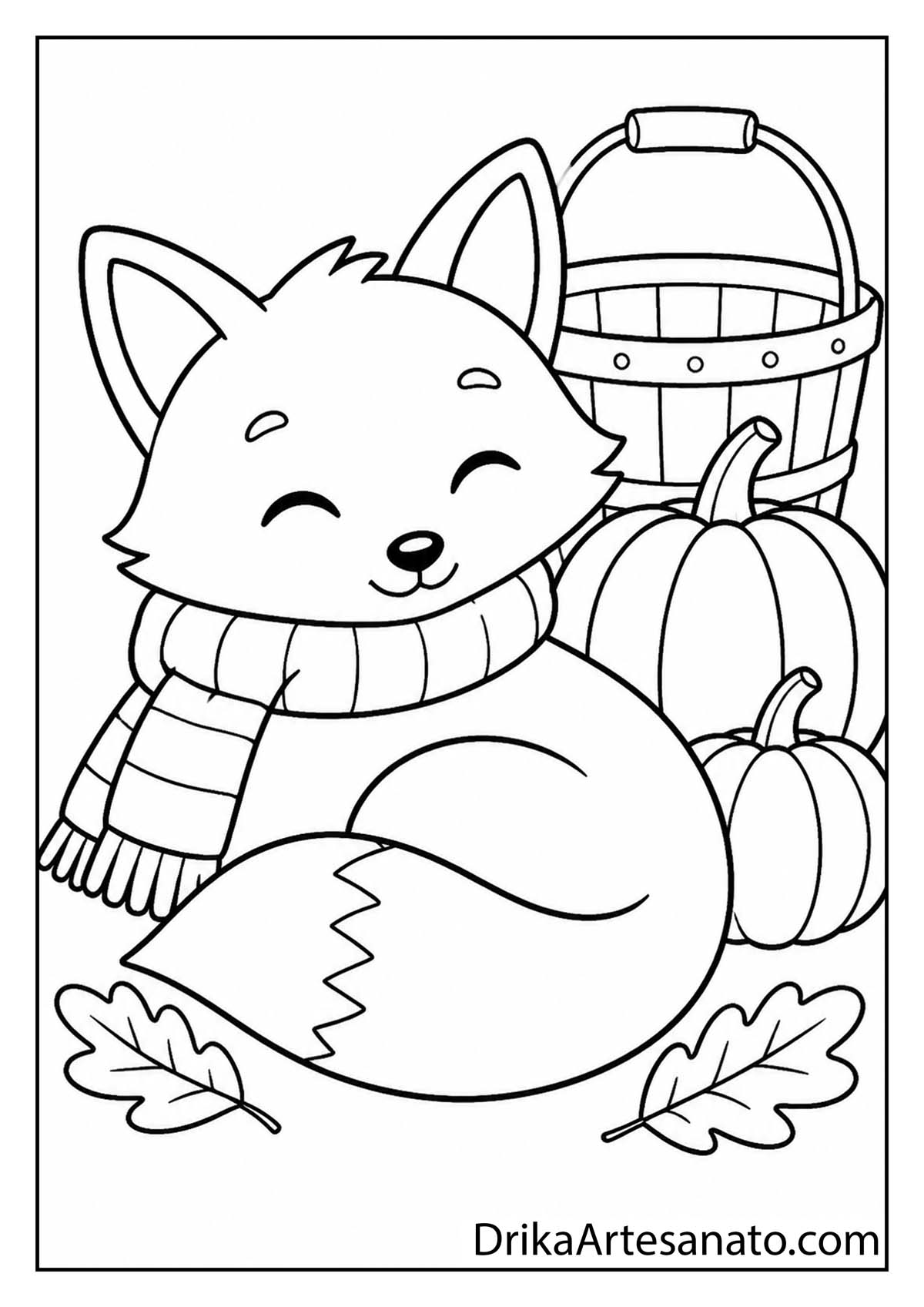 Sleeping cute fox wearing a scarf curled up beside pumpkins coloring sheet