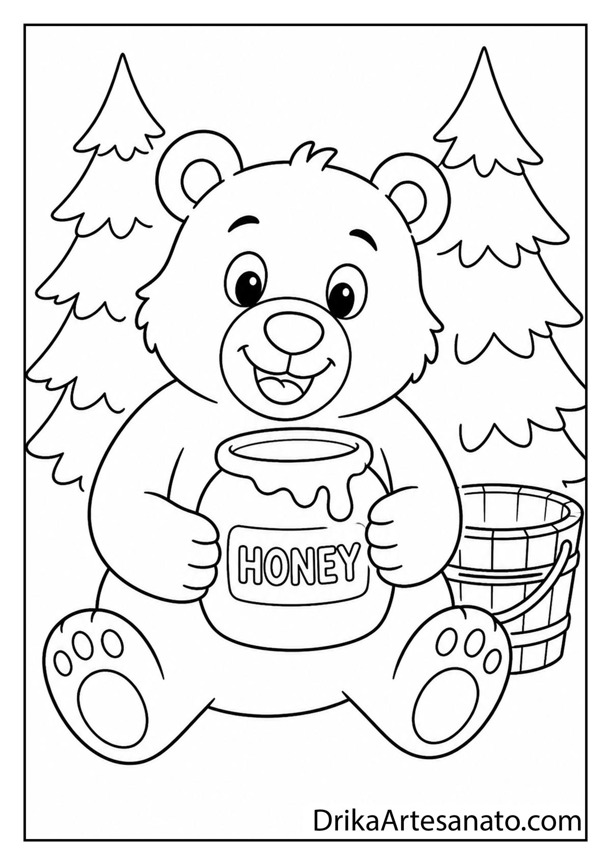 Cute bear sitting with a honey jar between pine trees black and white coloring page