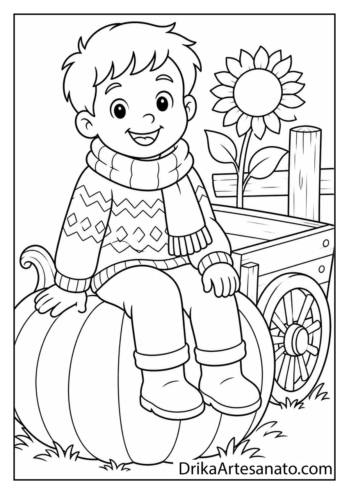 Happy cartoon boy wearing a patterned sweater and scarf sitting on a giant pumpkin coloring printable