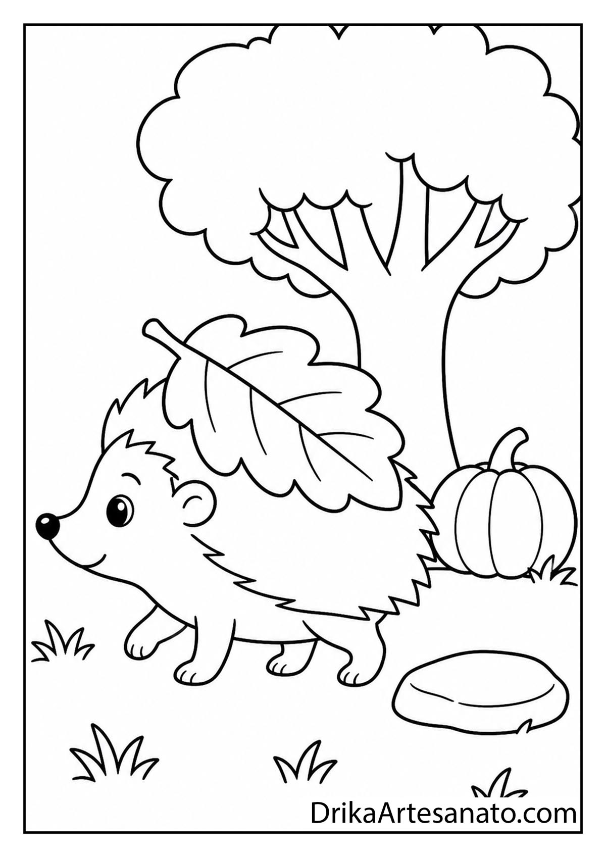Cute little hedgehog carrying a fall leaf on its back autumn coloring page