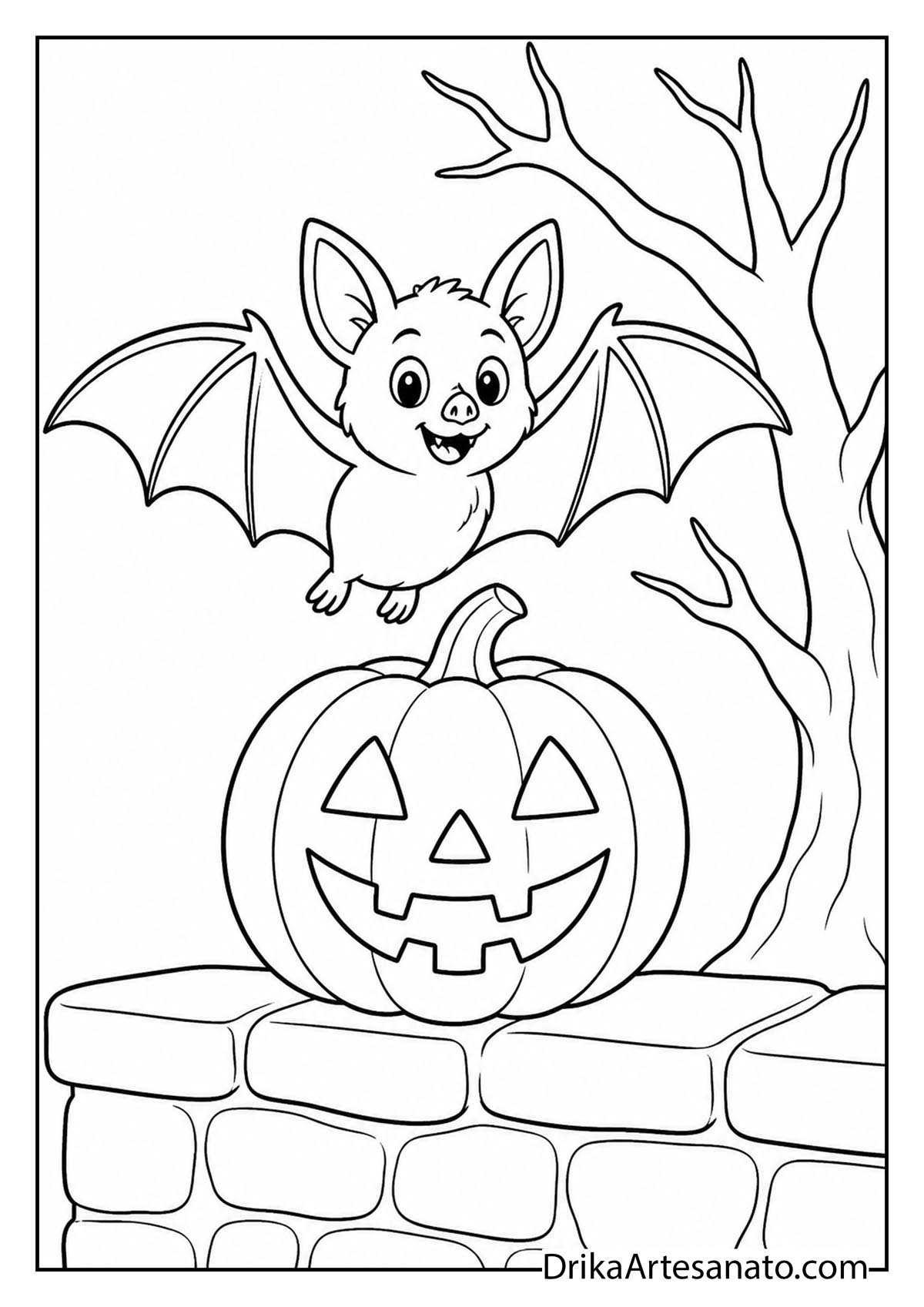 Cute flying bat over a jack-o-lantern on a stone wall cartoon coloring sheet