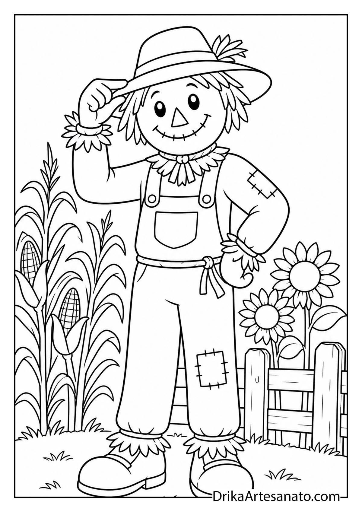 Polite scarecrow tipping his hat beside sunflowers and corn coloring page
