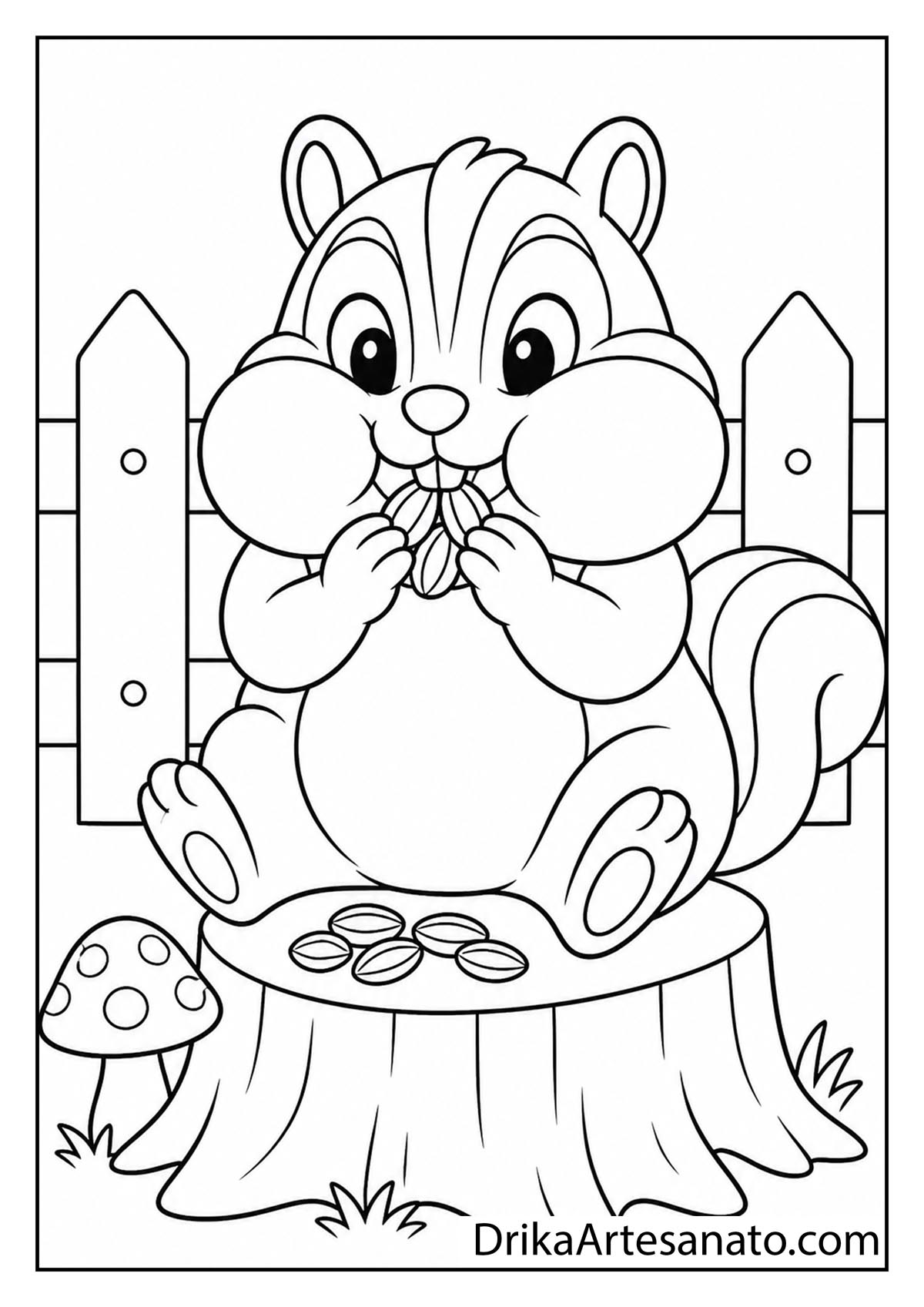 Cute chipmunk with full cheeks eating seeds on a tree stump coloring page