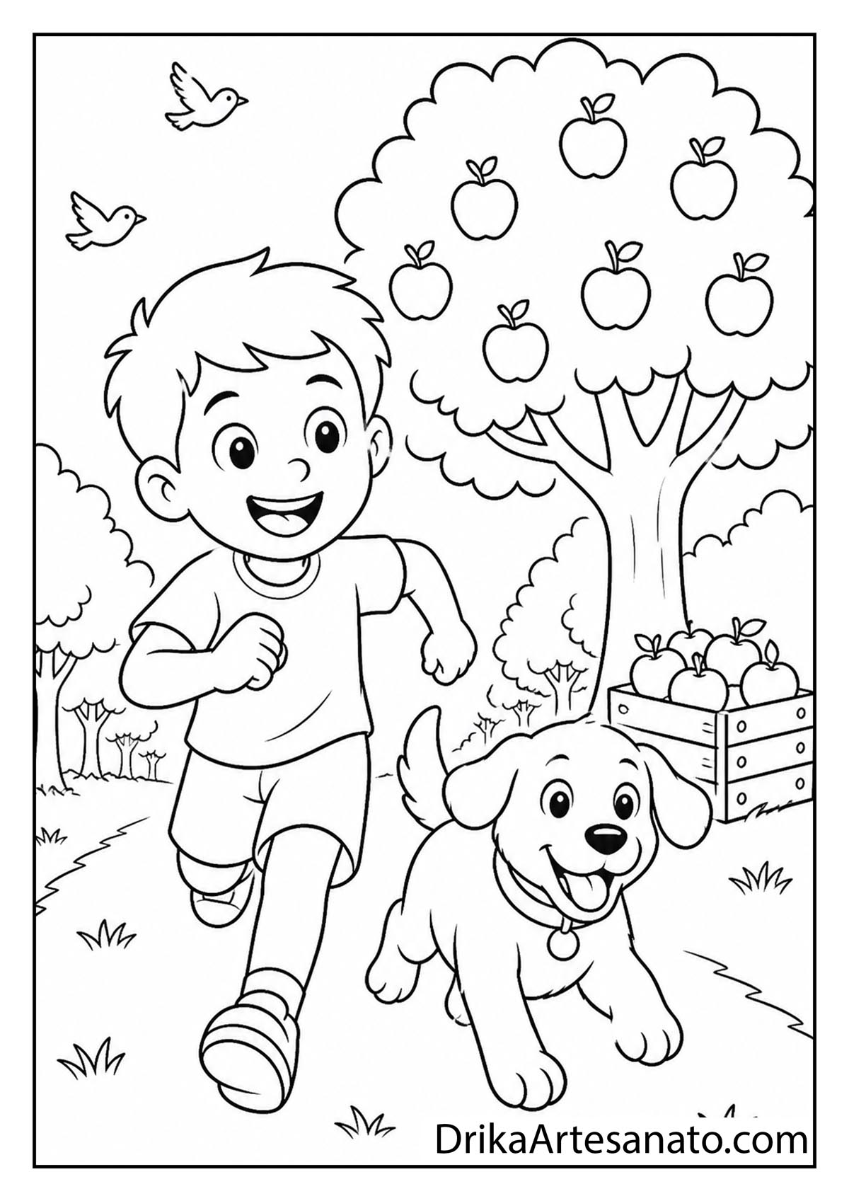 Cheerful boy running with his puppy through an apple orchard coloring page for kids