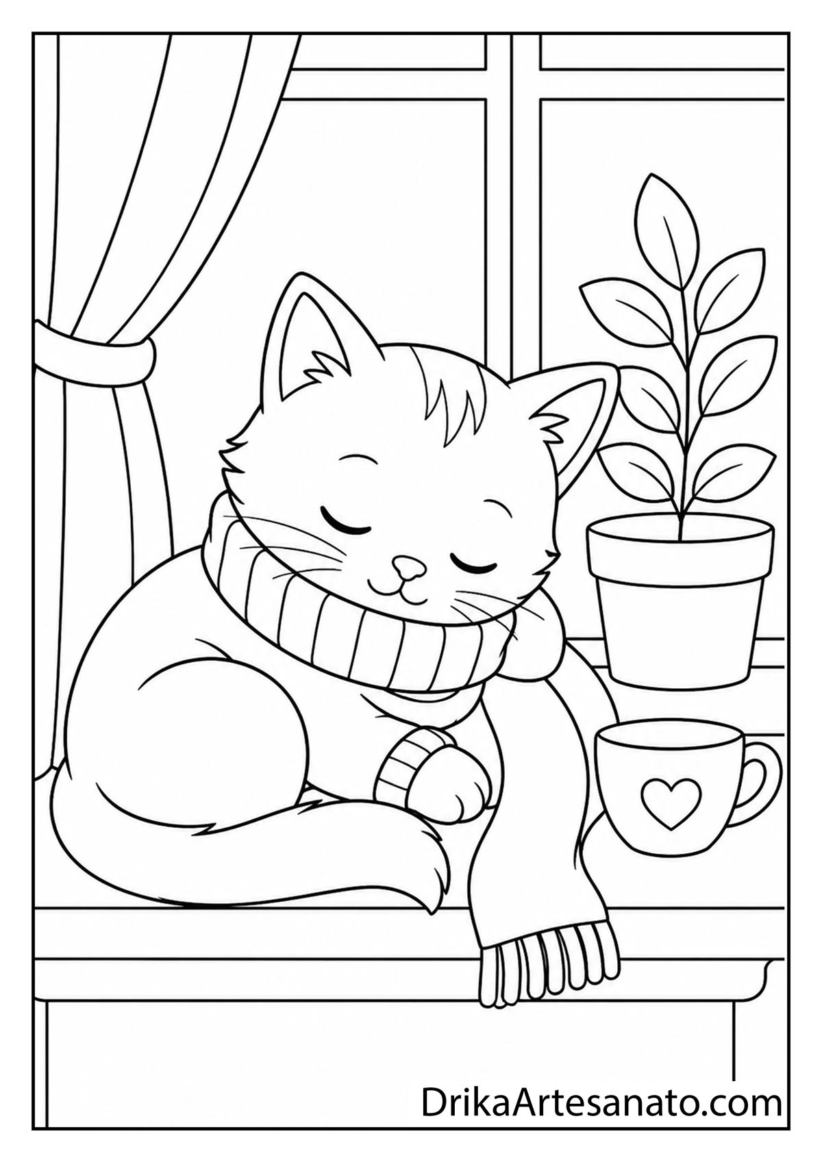 Cute sleeping kitten curled up on a windowsill wearing a warm sweater and scarf coloring page