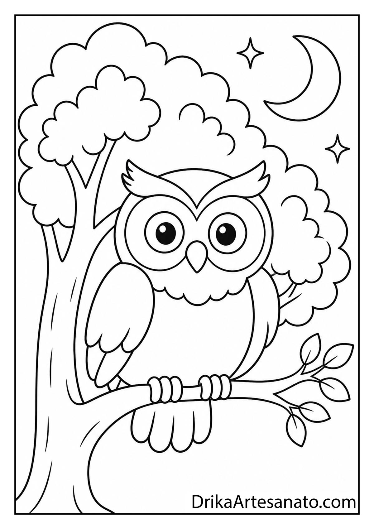 Wise cartoon owl perched on a tree branch with crescent moon and stars coloring page