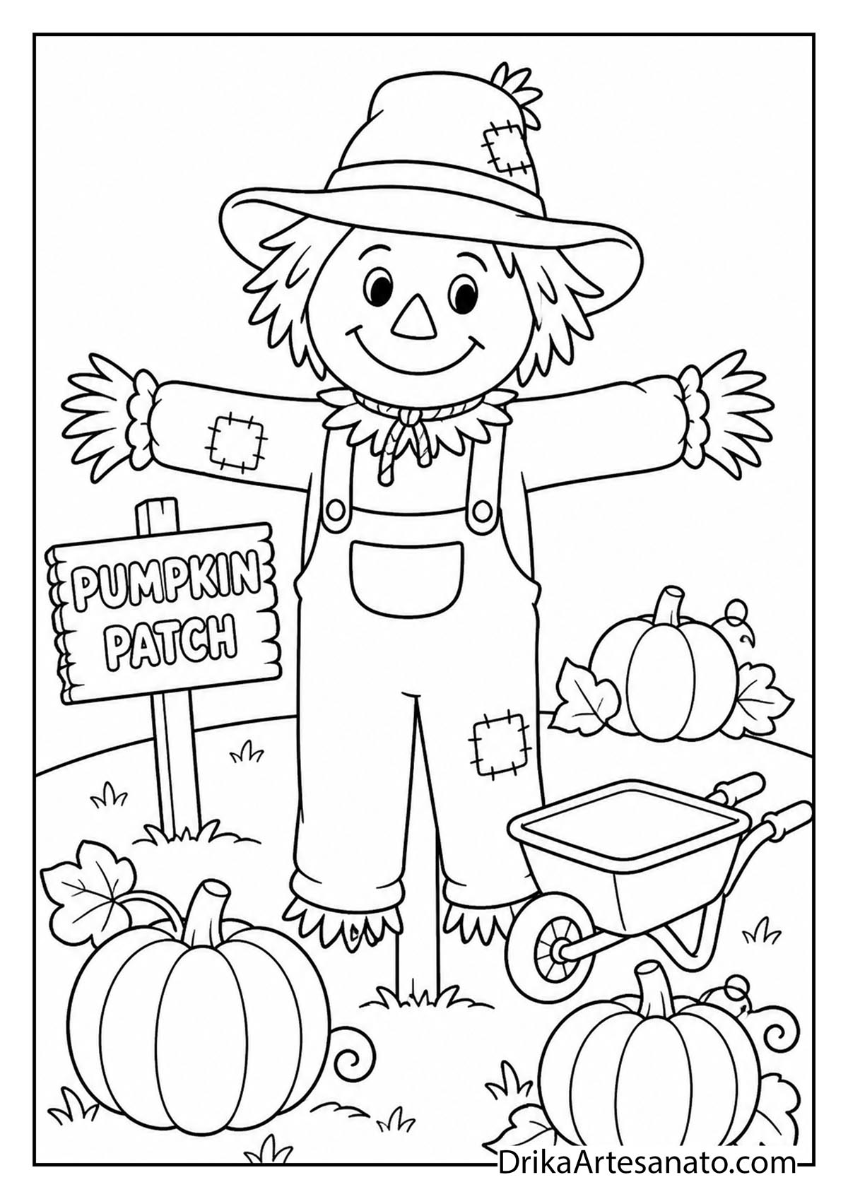 Happy scarecrow standing in a pumpkin patch with a wheelbarrow printable coloring page