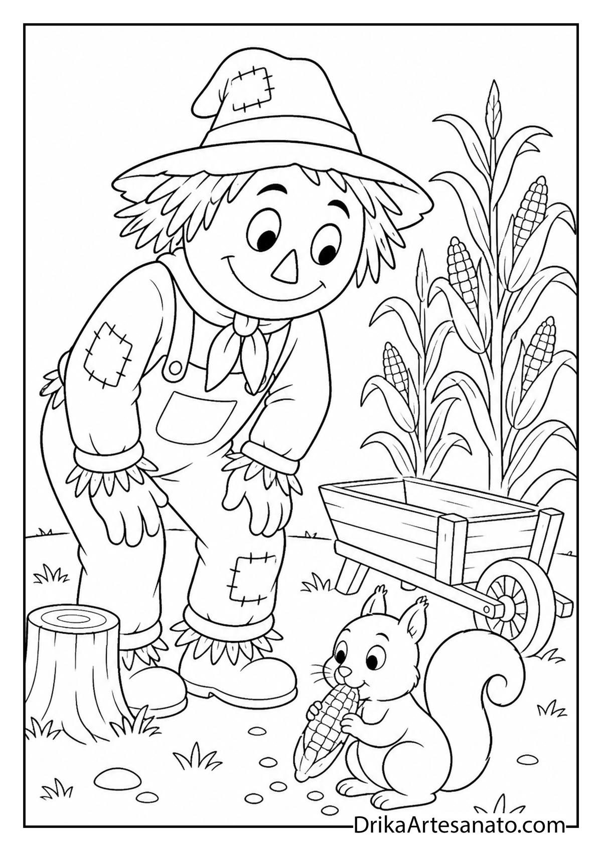Scarecrow watching a cute squirrel eat an ear of corn coloring page for kids