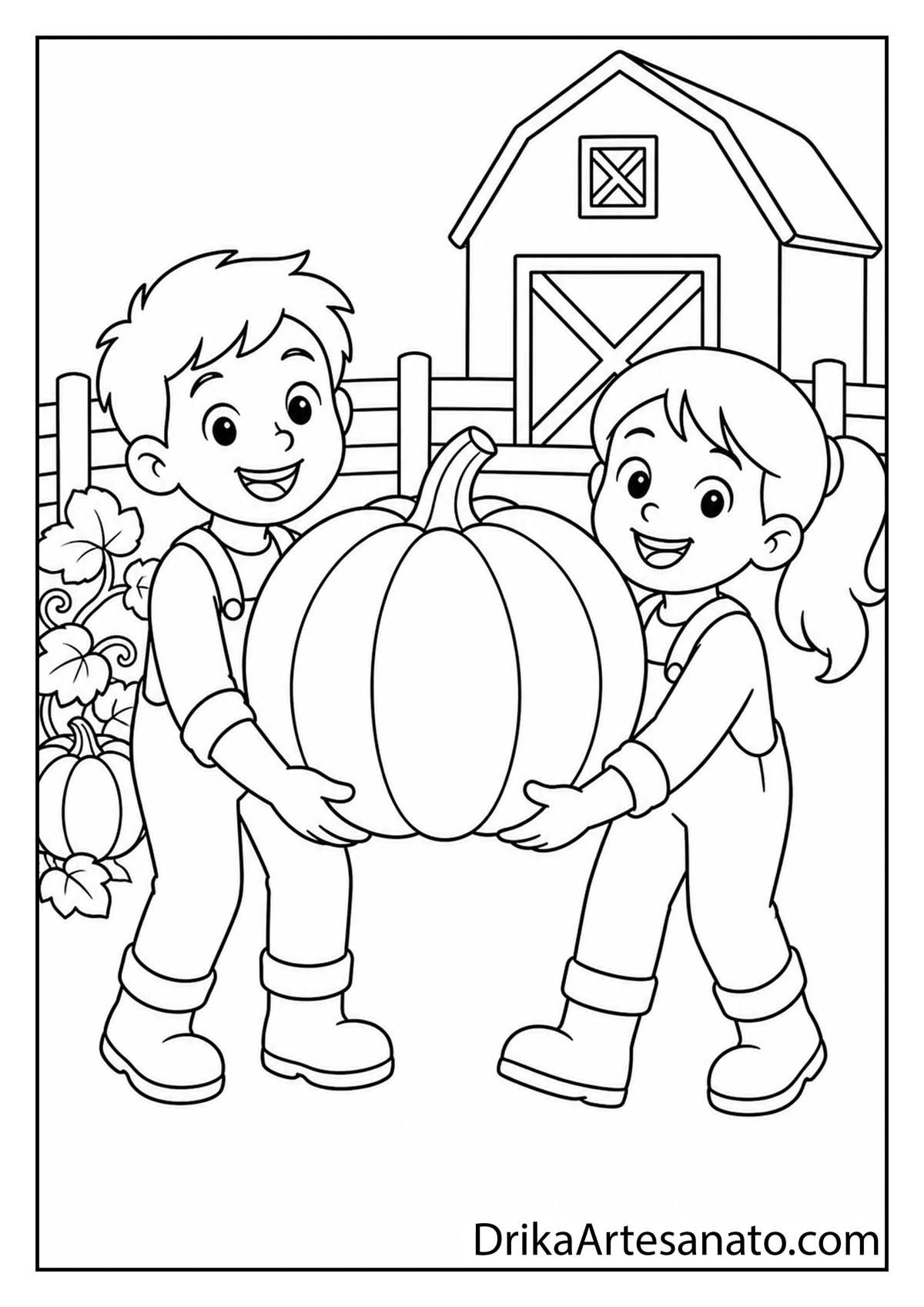 Two smiling kids carrying a giant pumpkin together on a farm coloring page