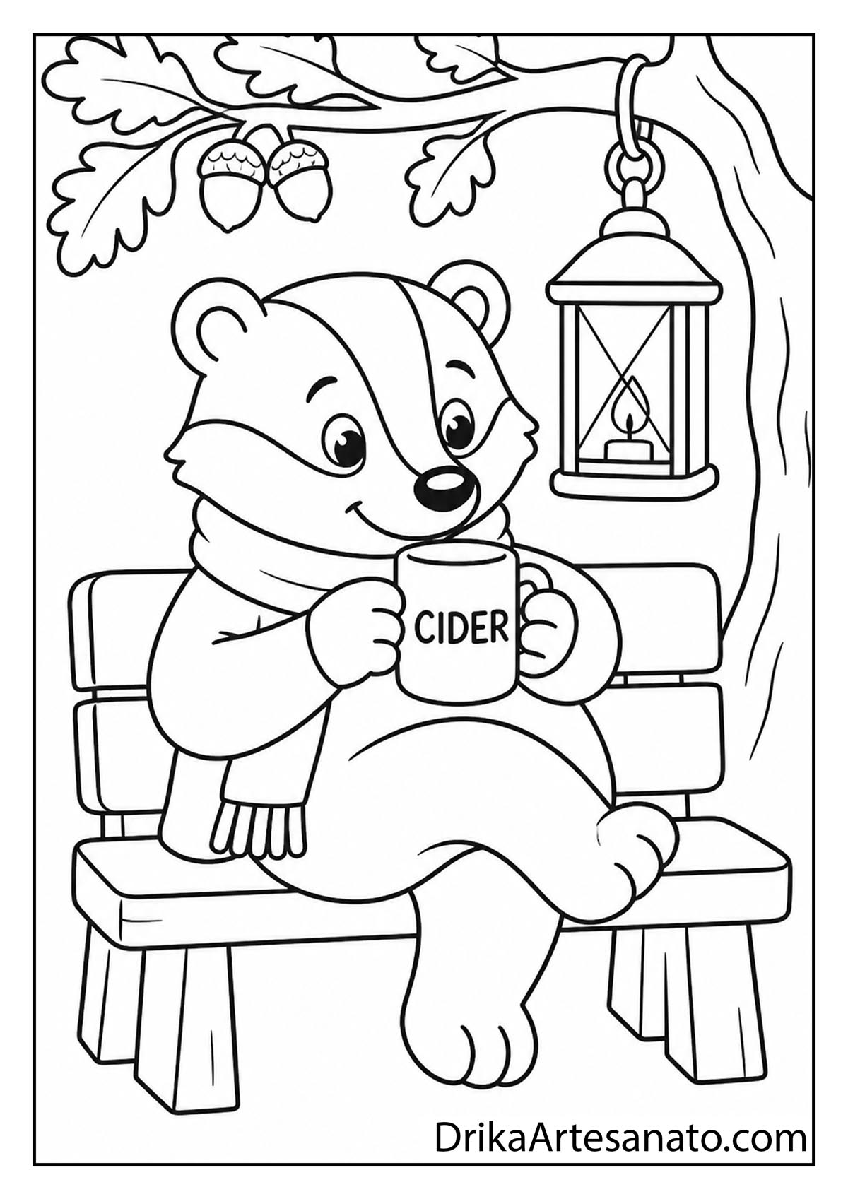 Cozy cartoon badger drinking cider on a park bench under a lantern coloring page