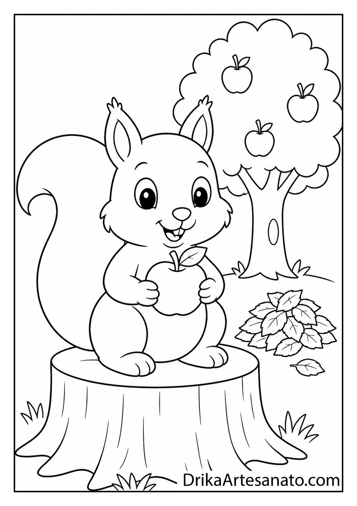 Cute cartoon squirrel sitting on a tree stump holding an apple coloring page