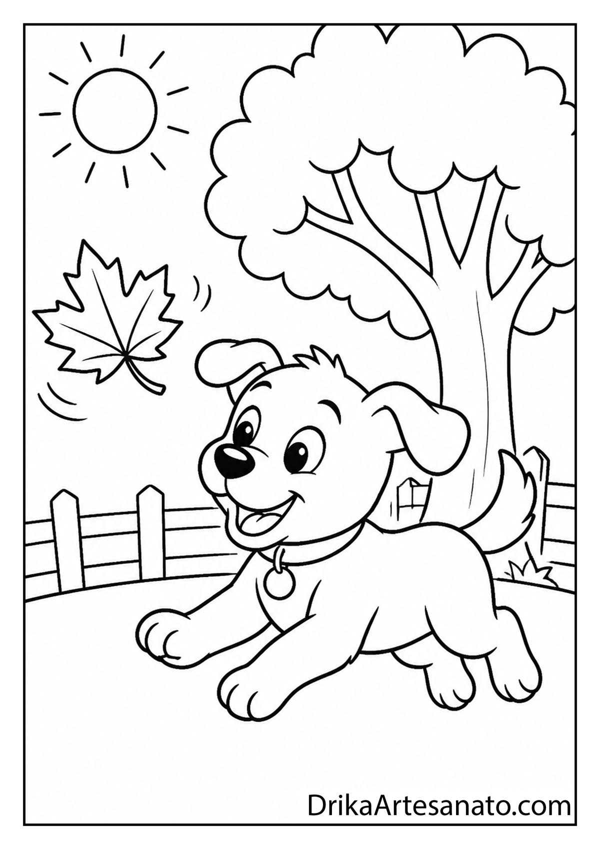 Playful puppy chasing a falling maple leaf in the yard autumn coloring sheet
