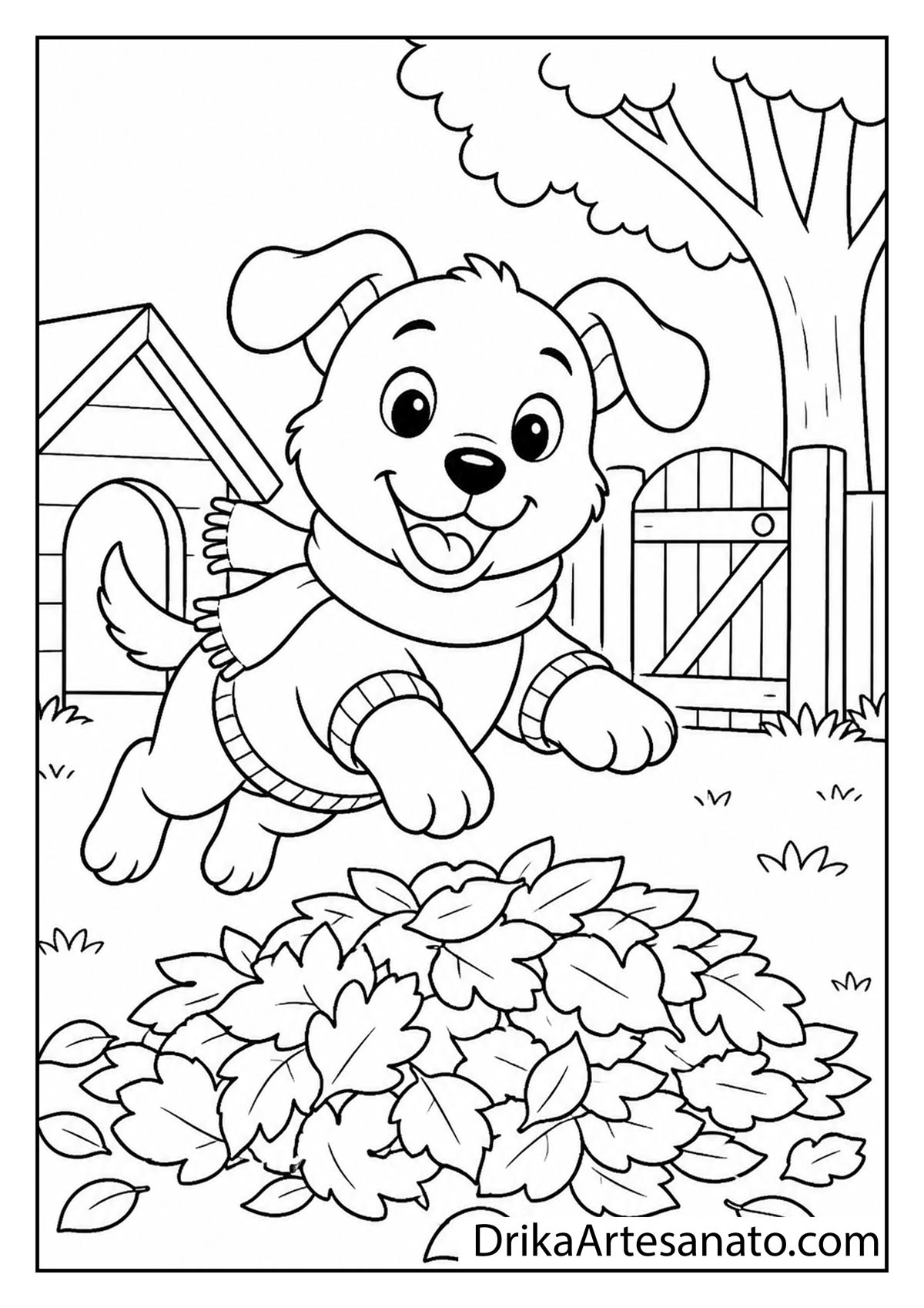 Playful cartoon puppy wearing a sweater and scarf jumping over a leaf pile line art coloring sheet