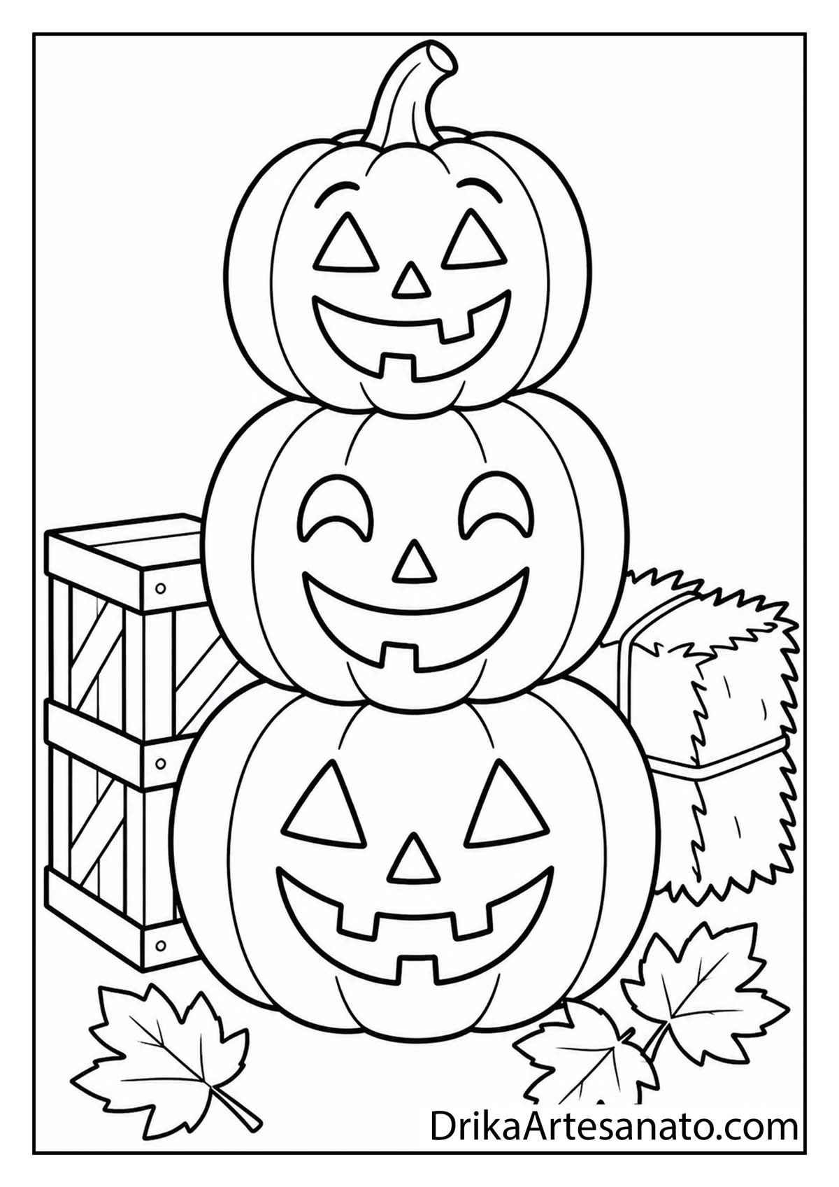 Stack of three smiling jack-o-lanterns beside a hay bale line art coloring page