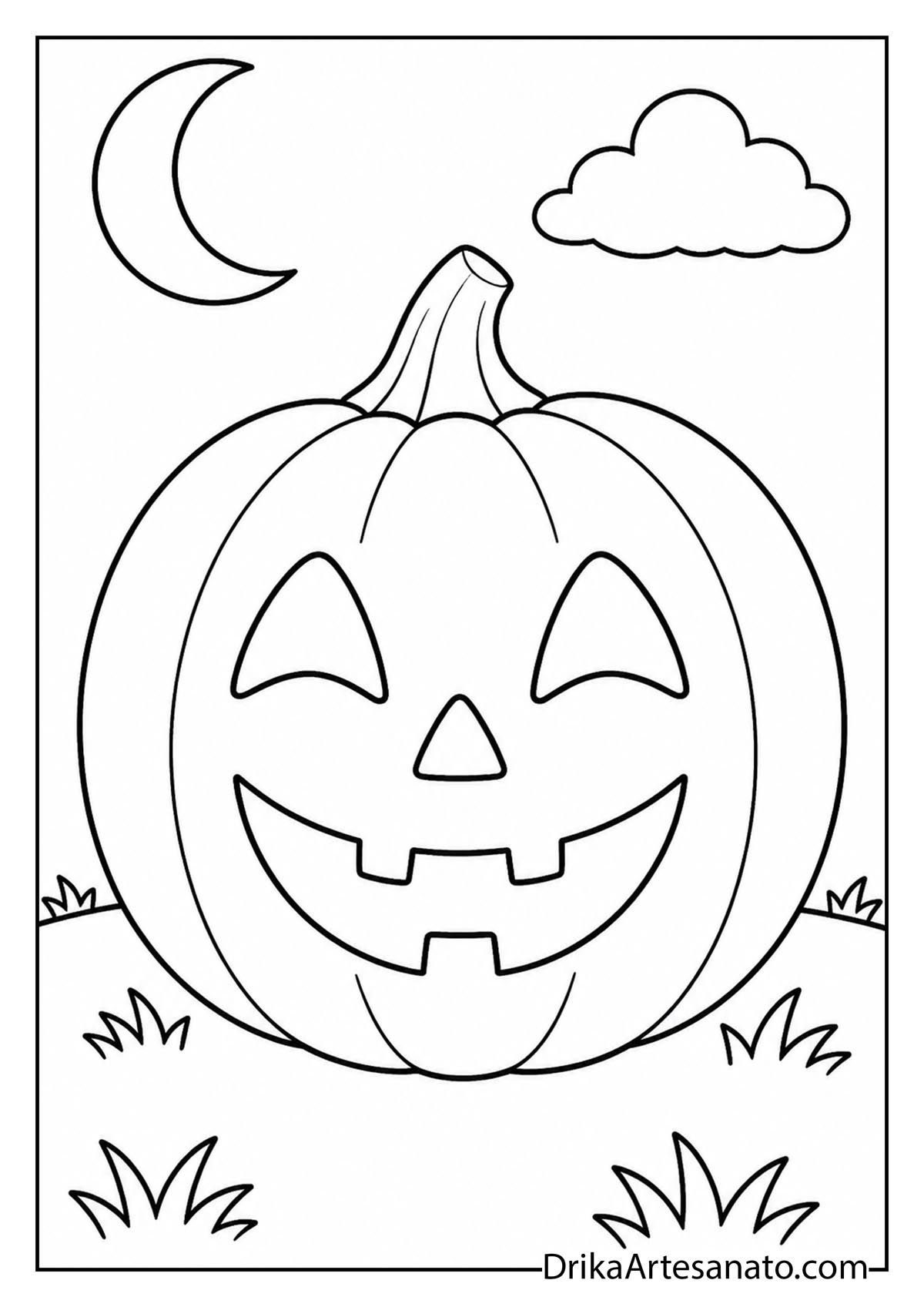 Simple smiling jack-o-lantern in grass under a crescent moon coloring page for kids