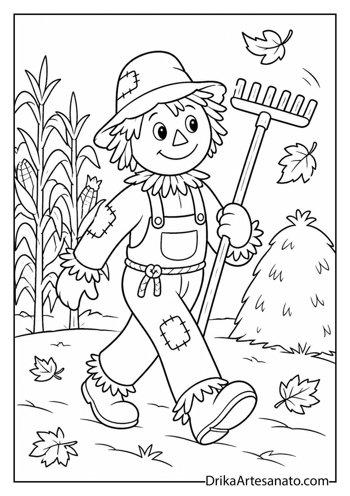 Scarecrow carrying a rake through falling autumn leaves line art coloring page