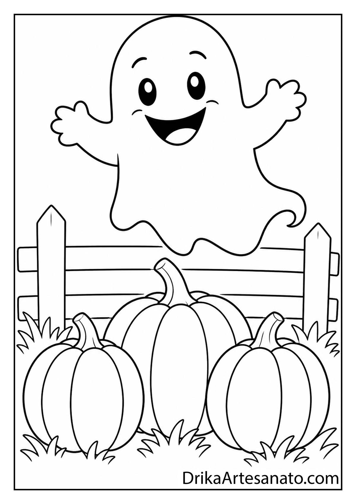 Friendly cartoon ghost flying over three pumpkins simple coloring page for toddlers