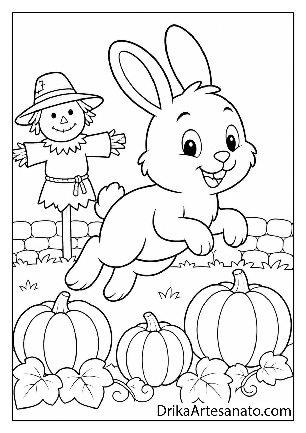 Cute cartoon bunny hopping through a pumpkin patch near a scarecrow coloring sheet