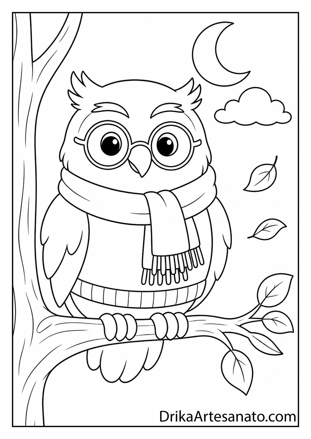 Cute cartoon owl wearing glasses and a scarf sitting on a branch under a crescent moon coloring page