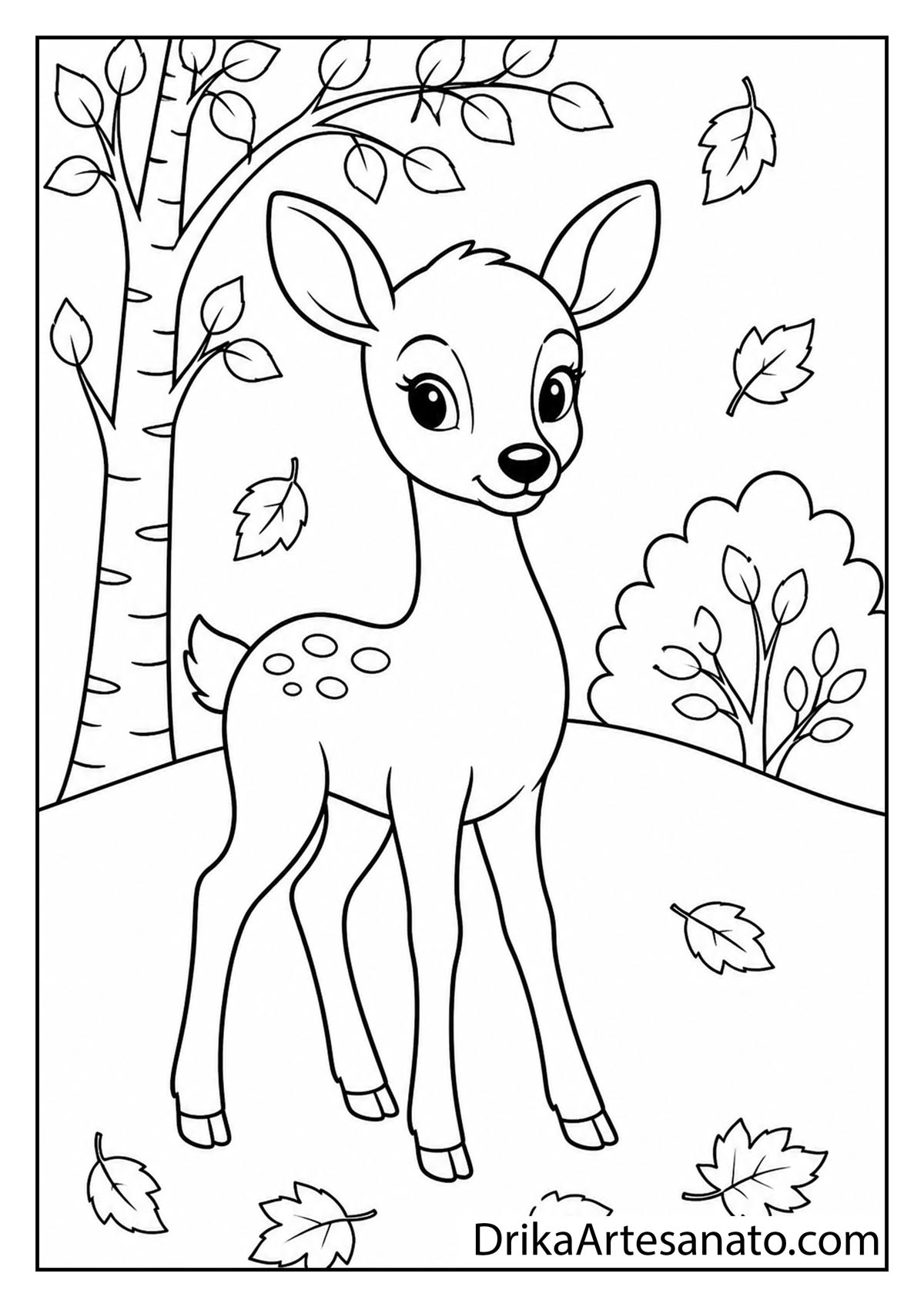 Gentle young deer standing near a birch tree with falling leaves coloring page