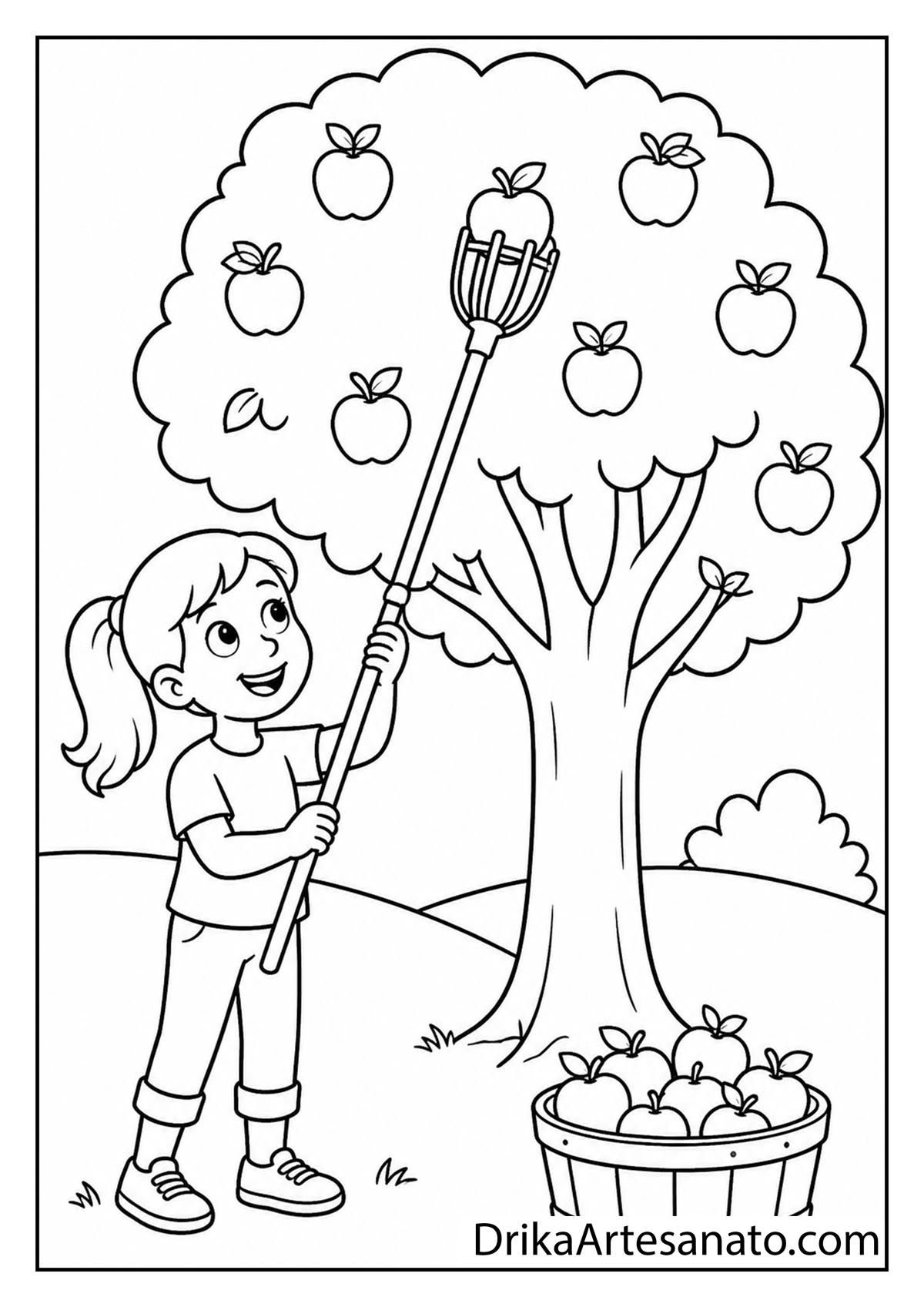 Little girl using a long apple picker pole to harvest fruit from a tree coloring sheet