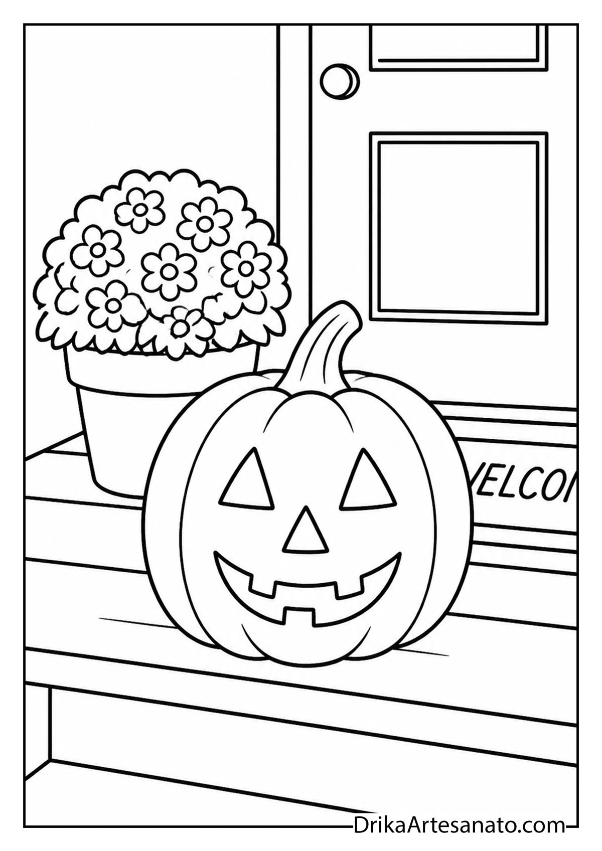 Jack-o-lantern next to potted flowers on a front porch step line art coloring sheet