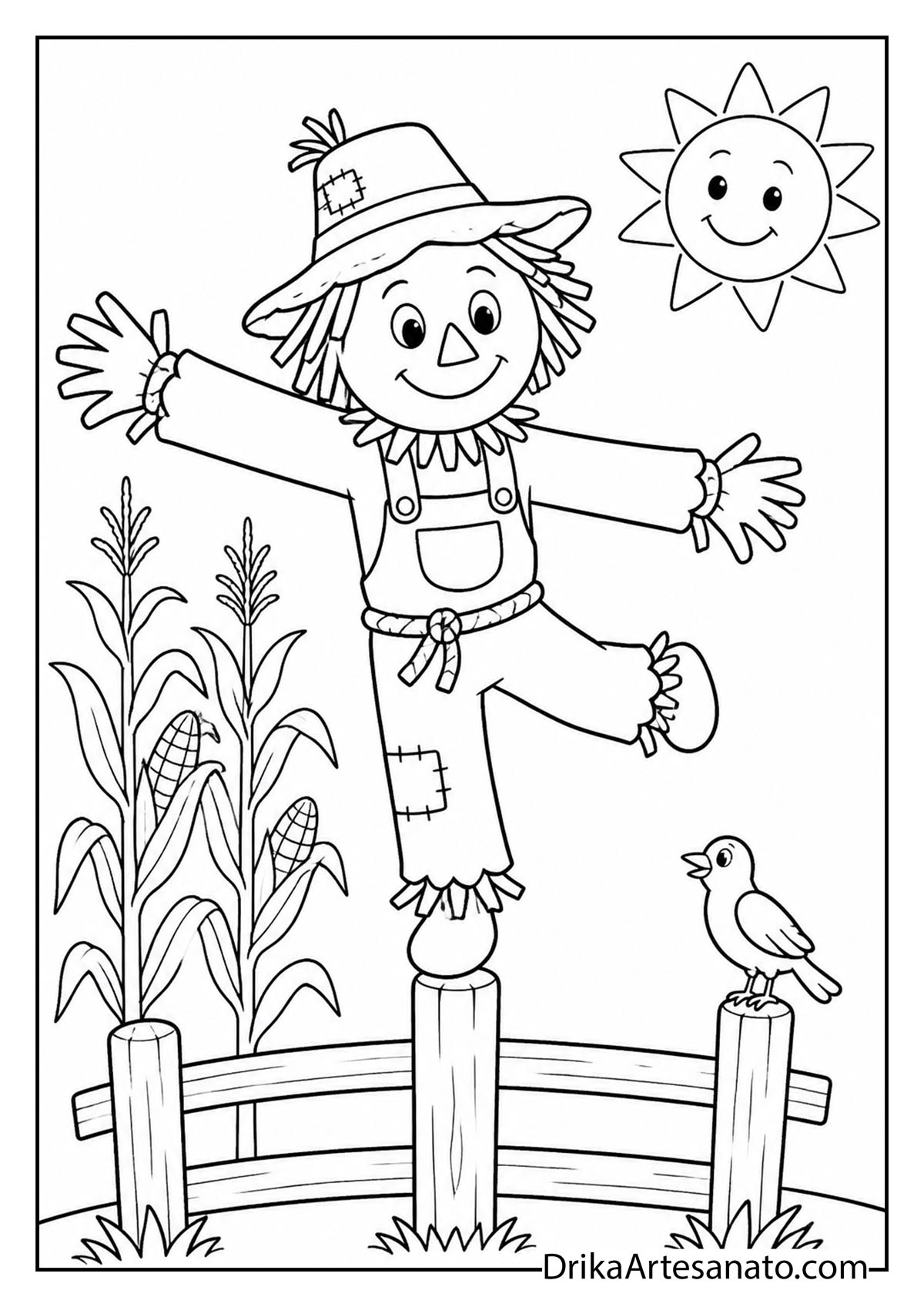Playful scarecrow balancing on a fence post near a bird coloring sheet