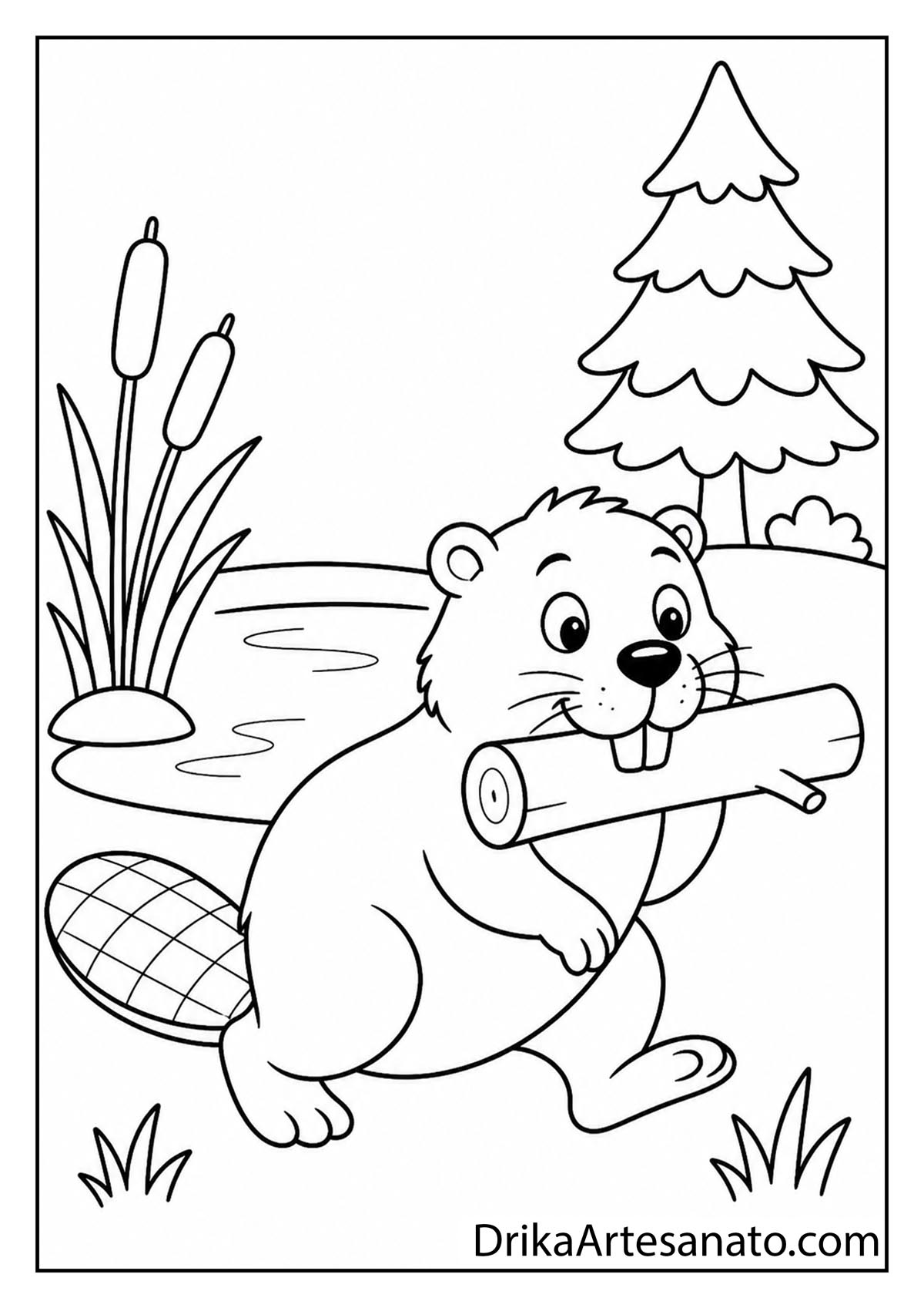 Cute beaver carrying a wooden log near a calm pond printable coloring page