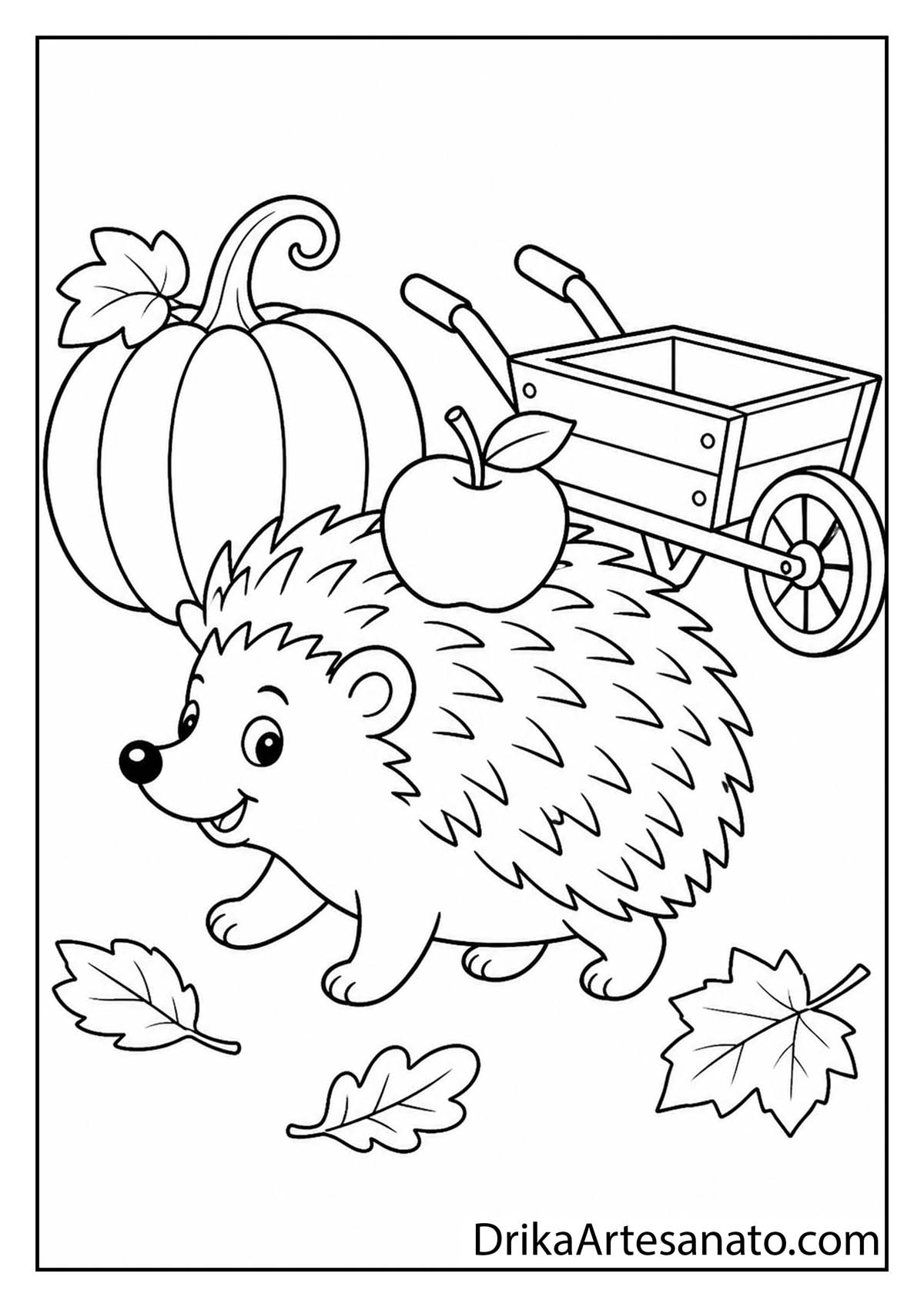 Cute hedgehog carrying an apple on its back near a pumpkin printable coloring page