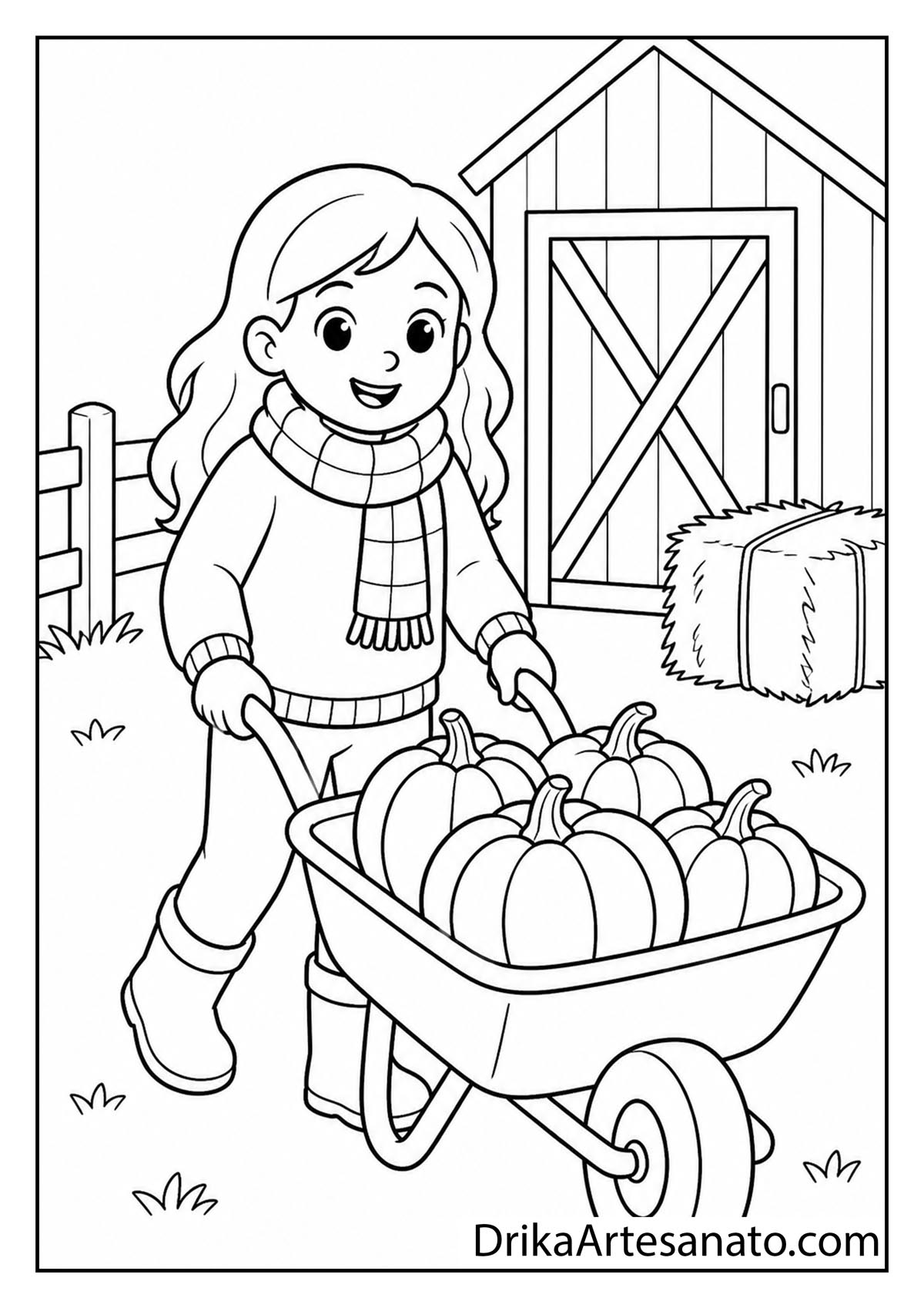 Smiling girl in a scarf and sweater pushing a wheelbarrow full of pumpkins near a barn coloring page