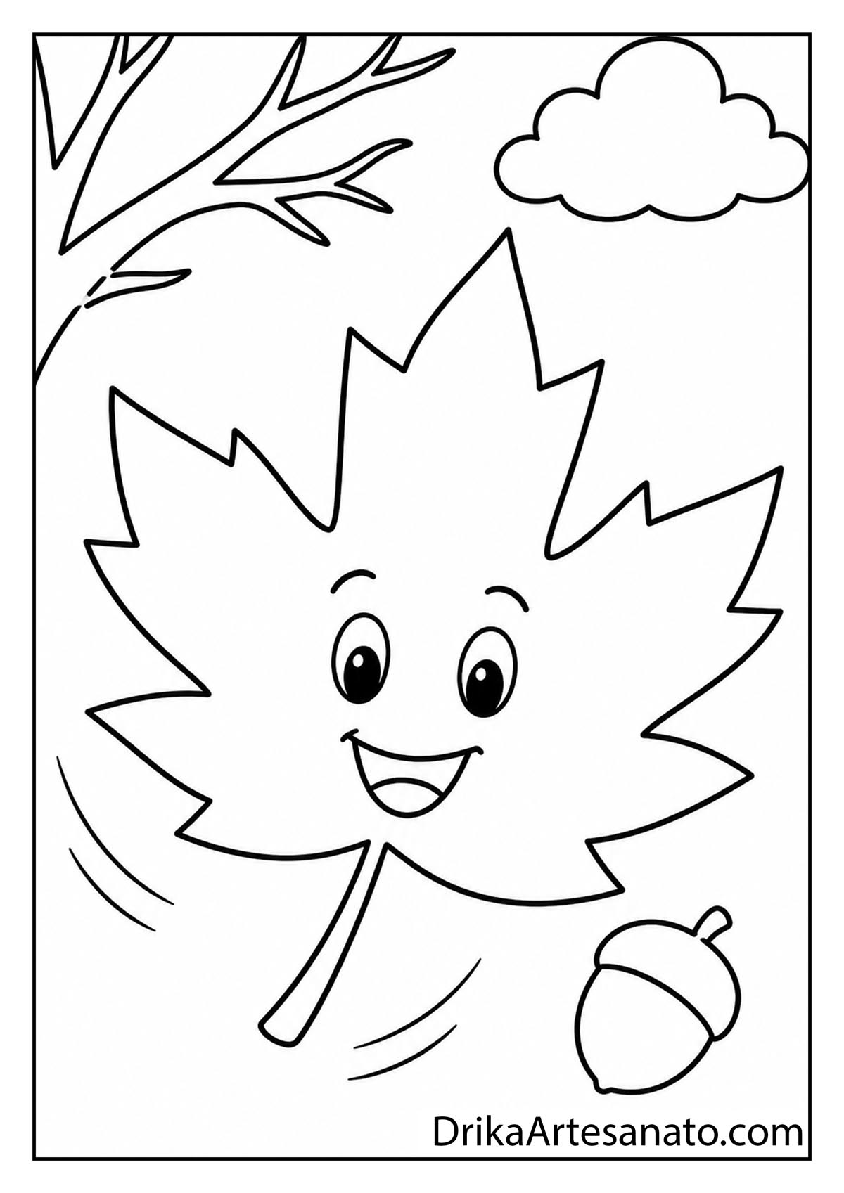 Smiling maple leaf falling through the air with an acorn simple coloring page