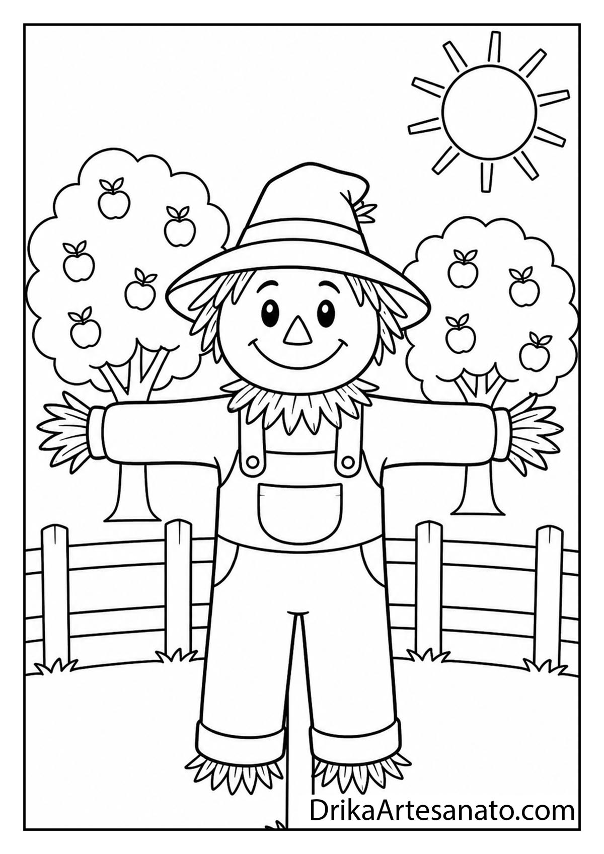 Friendly scarecrow in overalls standing in an apple orchard on a sunny day coloring page