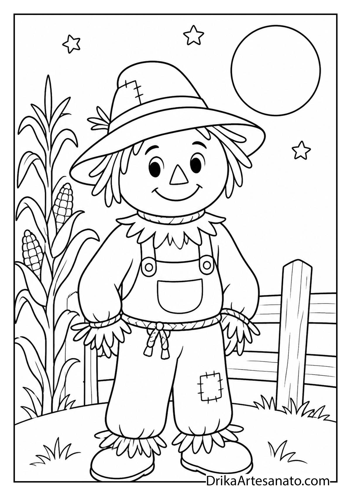 Smiling scarecrow standing under a night sky with moon and stars coloring page